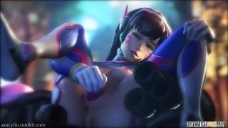 Dva takes double penetration and cumshot on her back