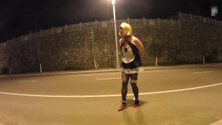 handcuffed maid walking in town looking for her heels