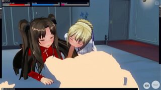 Anime girls Rin Tohsaka and Saber threesome 6 min