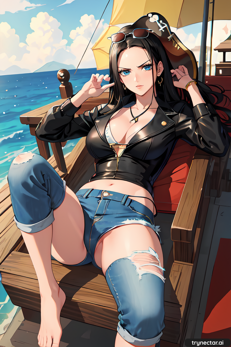1girl ai_art ai_generated aiartcommunity aigirl anime animewaifu.ai_generated black_hair blue_eyes breasts clothed clothing female_only hentai nico_robin nsfw one_piece pirate_ship post-timeskip sea ship sky stable_diffusion stablediffusionwaifu torn_clothes torn_pants trynectar.ai