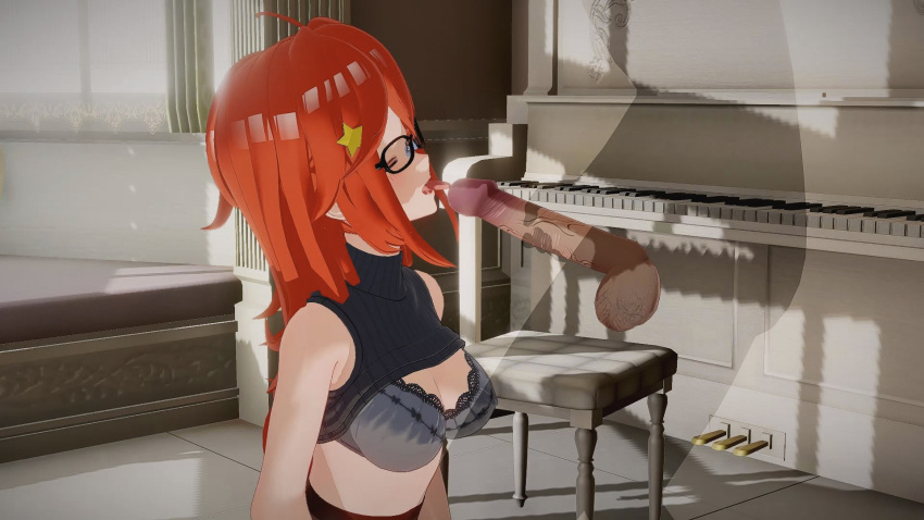 16:9 16:9_aspect_ratio 1girl 1girl 1girls anime bra breasts breasts breasts closed_eyes glasses hentai indoors licking licking_penis light-skinned light-skinned_female light_skin long_hair nakano_itsuki open_mouth penis penis_grab penis_licking penis_tip piano red_hair redhead room star_hair_ornament testicle tongue tongue_out transparent_male veiny_penis