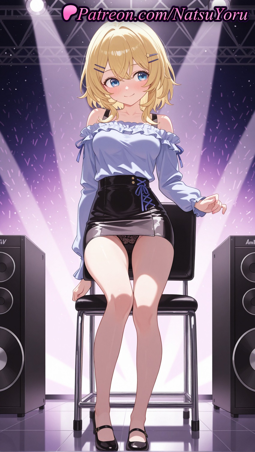 1girl 1girl 1girls ai_generated anime anime_style asian averting_eyes bangs bare_legs bare_shoulders big_breasts black_footwear black_panties black_skirt blonde_hair blouse blue_eyes blush breasts bust chair closed_mouth collarbone concert cross-laced_skirt crossed_bangs female_focus female_only frilled_shirt frills full_body hair_between_eyes hair_clips hair_ornament hairclip hentai high-waist_skirt high_quality high_res high_res high_resolution legs long_sleeves looking_at_viewer looking_to_the_side mary_janes medium_breasts medium_hair mem-cho microphone miniskirt natsuyoru off-shoulder_shirt off_shoulder on_chair oshi_no_ko panties panties pantyshot patreon pencil_skirt shirt shoes short_hair sitting skirt smile solo_female speaker spotlight stage stage_lights stool thighs toe_cleavage underwear upskirt voluptuous voluptuous_female white_shirt