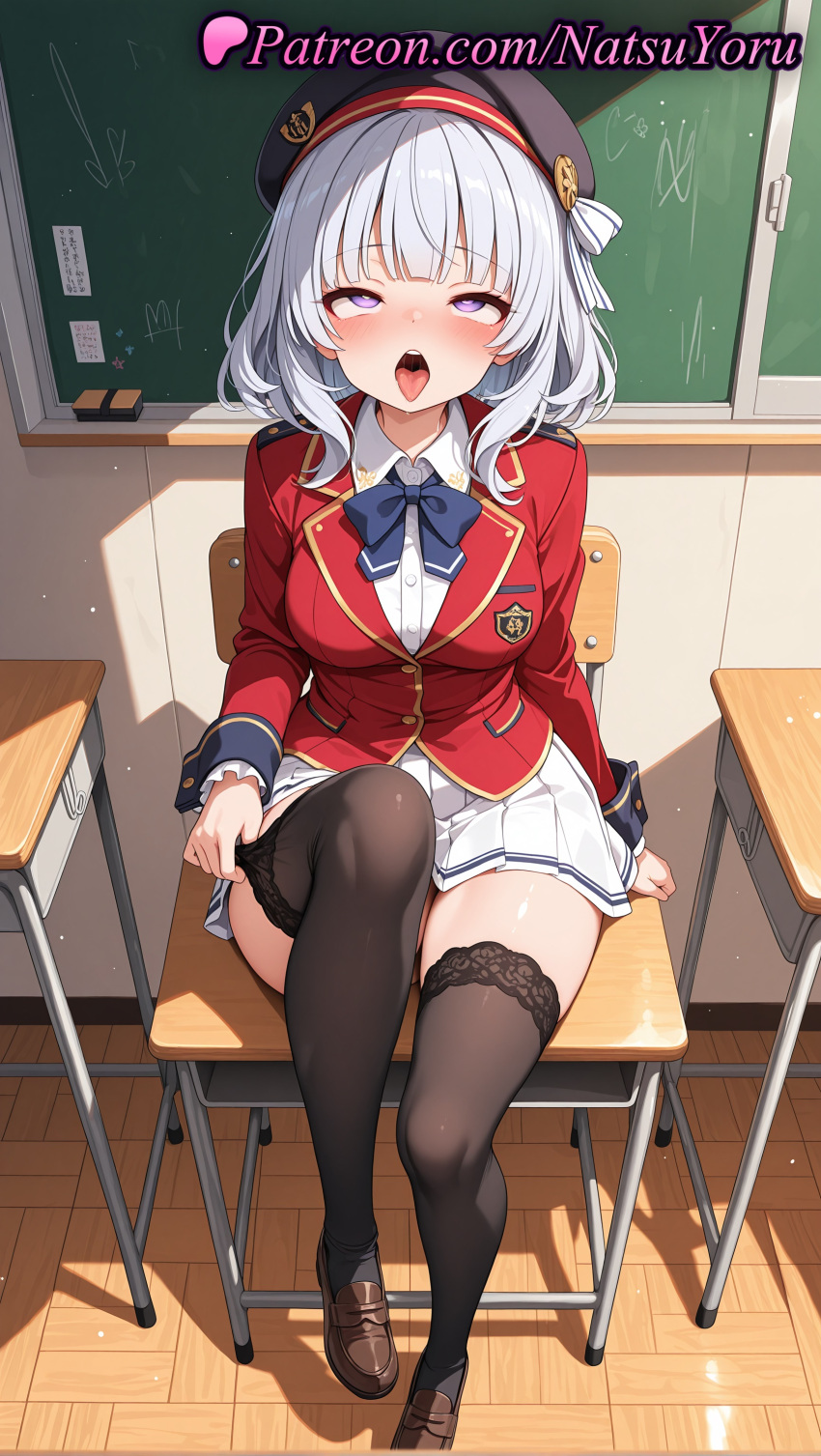 1girl 1girl 1girls 2025 ahegao ai ai_assisted ai_generated anime anime_style bangs beret big_breasts big_breasts black_headwear black_legwear black_thighhighs blazer blouse blue_bow blue_bowtie blunt_bangs blush bow bowtie breasts brown_footwear bust chair chalkboard classroom classroom_of_the_elite collared_shirt desk dress_shirt female_focus female_only full_body grey_hair hat heart hentai high_quality high_res high_res high_resolution indoors jacket knee_up lace-trimmed_legwear legwear loafers long_hair long_sleeves looking_at_viewer medium_breasts medium_hair miniskirt natsuyoru on_chair on_desk open_mouth panties patreon pleated_skirt purple_eyes red_jacket ribbon sakayanagi_arisu school_chair school_desk school_uniform shirt shoes silver_hair sitting skirt solo_female stable_diffusion stockings thighs tongue tongue_out underwear upper_teeth_only voluptuous voluptuous_female white_hair white_shirt white_skirt wooden_floor youkoso_jitsuryoku_shijou_shugi_no_kyoushitsu_e zettai_ryouiki