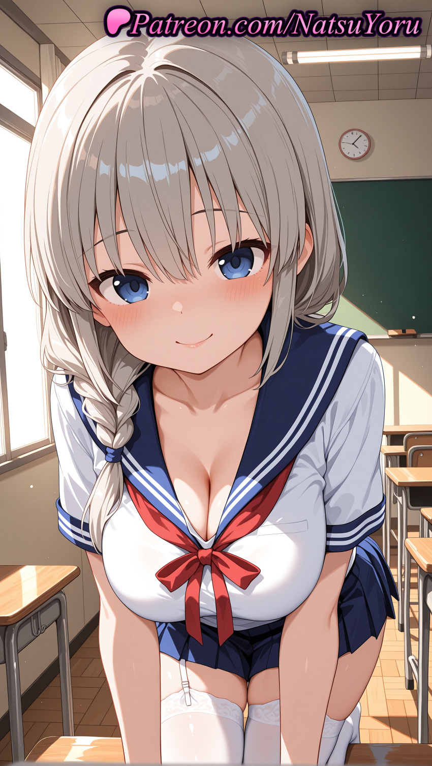 1girl 1girl 1girls 2025 ai ai_assisted ai_generated all_fours anime anime_style bangs big_breasts big_breasts blue_eyes blue_sailor_collar blue_skirt blush braid breasts bust chair chalkboard classroom cleavage clock closed_mouth clothing collarbone desk female_focus female_only garter_straps grey_hair hair_between_eyes hair_over_shoulder hentai high_quality high_res high_res high_resolution indoors long_hair looking_at_viewer miniskirt natsuyoru neck_ribbon neckerchief patreon pleated_skirt red_neckerchief red_ribbon ribbon sailor_collar sailor_uniform school_chair school_desk school_uniform serafuku shirt short_sleeves silver_hair single_braid skirt smile solo_female stable_diffusion stockings sunlight thighs twin_braids uzaki-chan_wa_asobitai! uzaki_tsuki voluptuous voluptuous_female wall_clock white_legwear white_shirt white_thighhighs window zettai_ryouiki