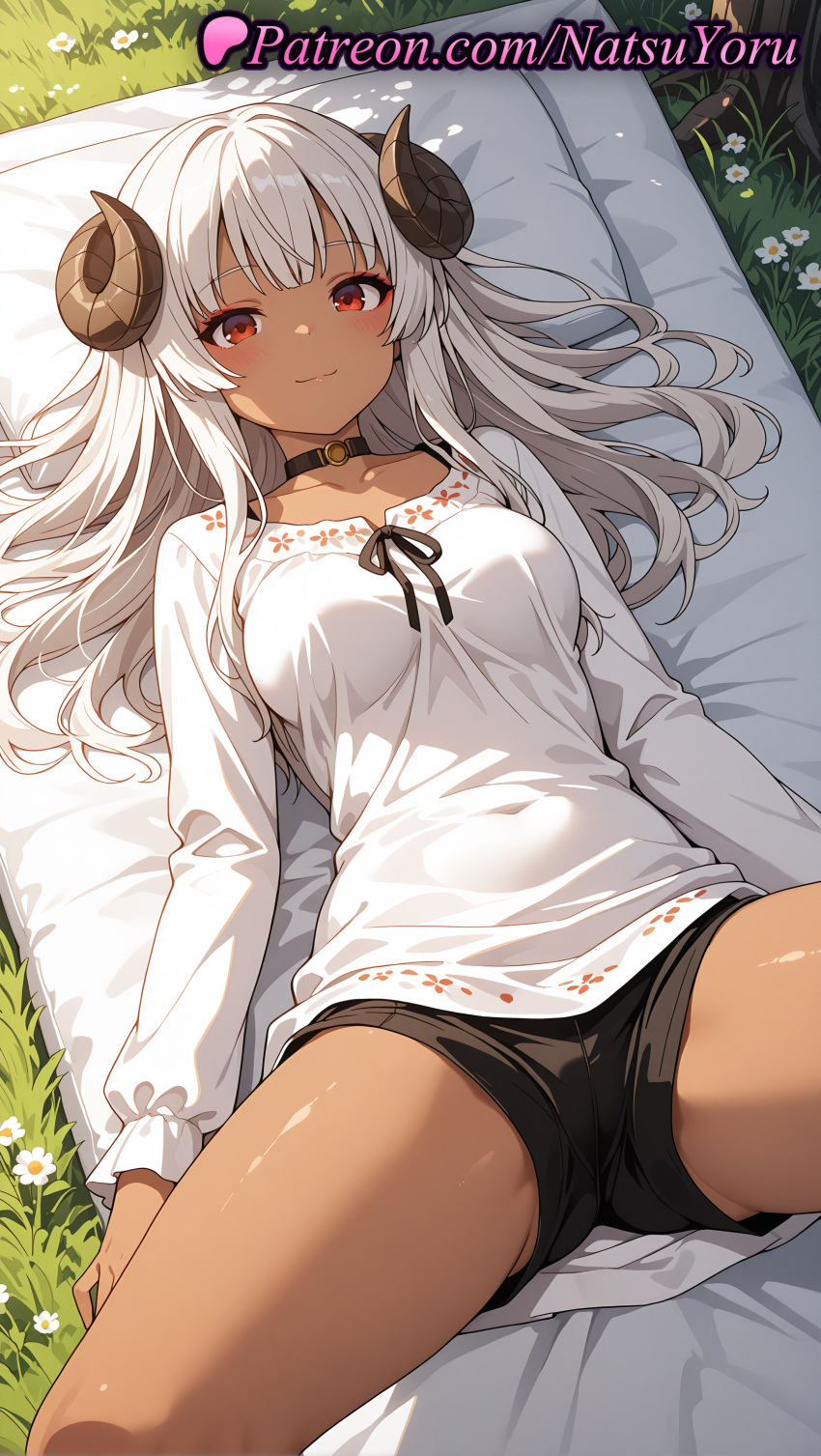 1girl 1girl 1girls 2025 ai ai_assisted ai_generated anime anime_style bangs bed big_breasts black_choker black_shorts blush breasts bust chiyu_mahou_no_machigatta_tsukaikata choker closed_mouth collarbone covered_navel curled_horns dark-skinned_female dark_skin felm female_focus female_only flower grass hentai high_quality high_res high_res high_resolution horns long_hair long_sleeves looking_at_viewer lying medium_breasts natsuyoru on_back outside patreon pillow red_eyes sheep_horns shirt short_shorts shorts smile solo_female spread_legs stable_diffusion thighs voluptuous voluptuous_female white_hair white_shirt