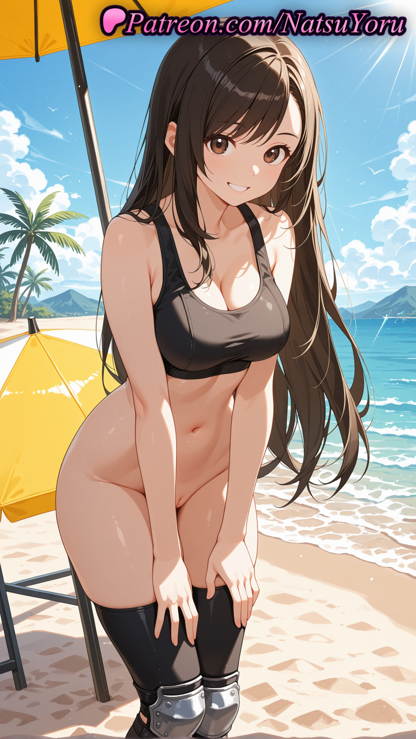 1girl 1girl 1girls 2025 ai ai_assisted ai_generated anime anime_style bangs bare_arms bare_shoulders beach beach_chair beach_umbrella big_breasts big_breasts black_hair black_legwear black_sports_bra black_thighhighs blue_sky blush bottomless breasts brown_eyes brown_hair bust cleavage cleft_of_venus cloud collarbone crop_top day feet_out_of_frame female_focus female_only female_solo final_fantasy final_fantasy_vii final_fantasy_vii_remake grin hands_on_own_thighs hentai high_quality high_res high_res high_resolution knee_pads leaning_forward long_hair looking_at_viewer medium_breasts natsuyoru navel ocean outside paipan palm_tree patreon pussy pussy sand shaved_vagina sky smile solo_female sports_bra stable_diffusion standing stockings stomach thighs tifa_lockhart tree umbrella uncensored very_long_hair voluptuous voluptuous_female water
