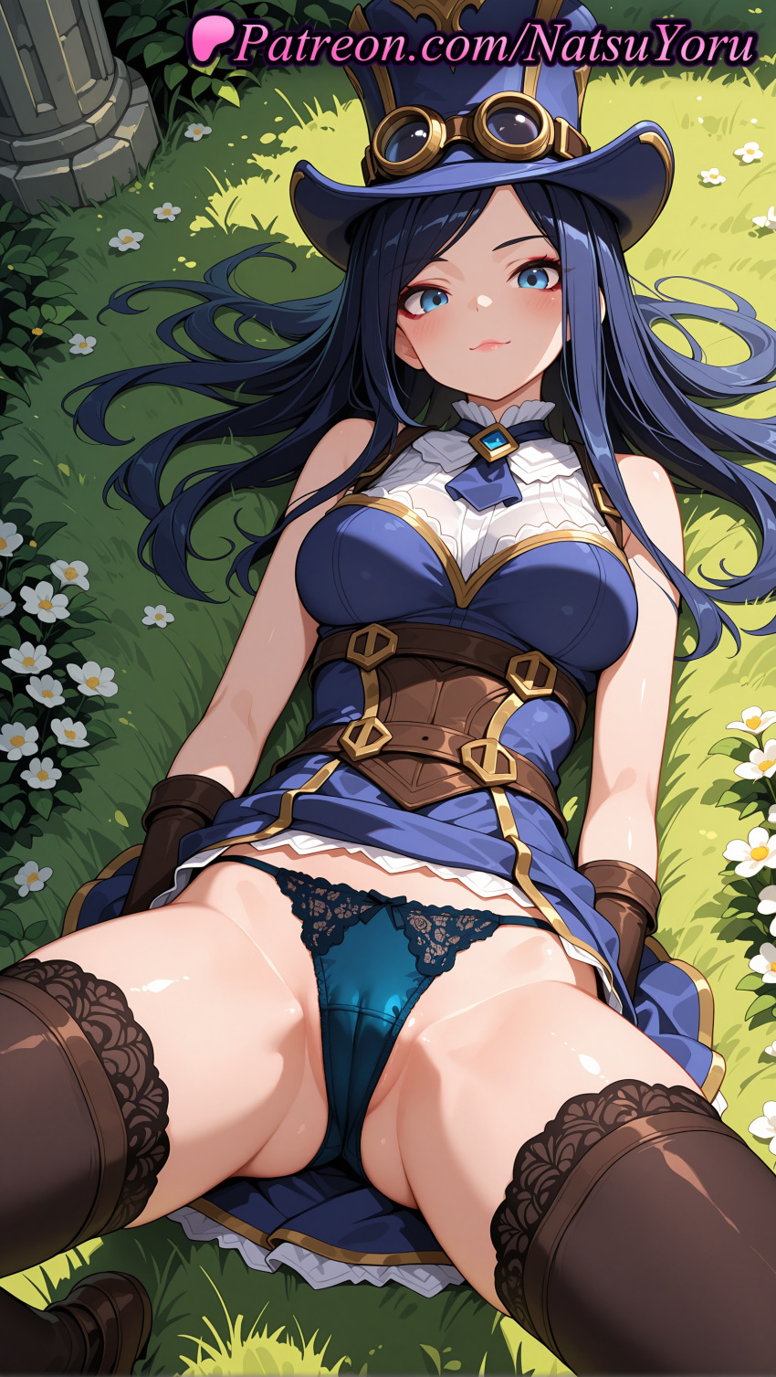 1girl 1girl 1girls 2025 ai ai_assisted ai_generated anime anime_style arcane arcane_caitlyn ascot ass_visible_through_thighs bangs bare_shoulders belt big_breasts big_breasts black_footwear black_hair black_legwear black_thighhighs blue_ascot blue_dress blue_eyes blue_hair blue_headwear blue_panties blush breasts brown_belt brown_footwear brown_gloves brown_thighhighs bust caitlyn_(league_of_legends) caitlyn_kiramman cameltoe closed_mouth clothes_lift corset cross-laced_clothes day dress dress_lift eyewear_on_headwear female_focus female_only flower frills gloves goggles goggles_on_head goggles_on_headwear grass groin hat hentai high_quality high_res high_res high_resolution lace lace-trimmed_legwear lace-trimmed_panties lace_trim league_of_legends league_of_legends:_wild_rift lips long_hair looking_at_viewer lying makeup medium_breasts natsuyoru on_back on_grass on_ground outside panties panties parted_bangs partially_visible_vulva patreon riot_games shiny shiny_hair shiny_skin shoes sleeveless sleeveless_dress smile solo_female spread_legs stable_diffusion stockings straight_hair string_panties swept_bangs thighs top_hat underbust underwear voluptuous voluptuous_female white_flower