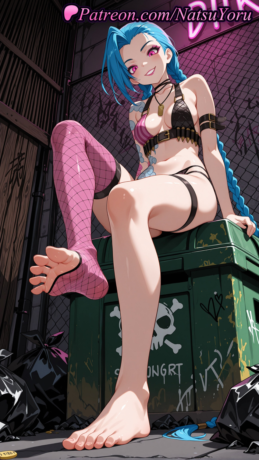 1girl 1girl 1girls 2025 ai ai_assisted ai_generated ammunition anime anime_style arcane arm_strap arm_tattoo artist_name asian asymmetrical_bangs asymmetrical_clothes asymmetrical_legwear bangs bare_shoulders barefoot belt big_breasts bikini black_bikini black_choker blue_hair bracelet braid breasts bullet bust chain-link_fence choker cleavage clothing earrings eyeliner eyeshadow feet female_focus female_only fence fishnet_stockings fishnet_thighhighs fishnets foot_fetish foot_focus foreshortening freckles from_below full_body graffiti grin hentai high_quality high_res high_res high_resolution indoors jewelry jinx_(league_of_legends) league_of_legends league_of_legends:_wild_rift leg_lift leg_tattoo legs lips lipstick long_hair looking_at_viewer makeup medium_breasts midriff nail_polish natsuyoru navel necklace no_shoes non-asian outside pale_skin parted_lips patreon pink_eyes pink_legwear pink_nails pink_thighhighs pov_feet presenting_foot purple_eyes red_eyes riot_games single_thighhigh sitting skindentation small_breasts smile soles solo_female spread_toes stable_diffusion stirrup_legwear stockings stockings stomach stomach_tattoo striped_clothes swimsuit tattoo teeth thigh_strap thighs tied_hair toeless_legwear toenail_polish toenails toes twin_braids underwear very_long_hair voluptuous voluptuous_female