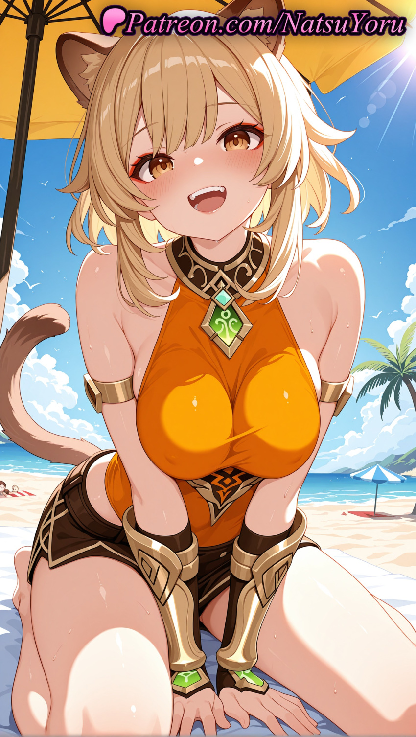 1girl 1girl 1girls 2025 ai ai_assisted ai_generated alternate_costume animal_ears anime anime_style armband armlet bangs bare_shoulders barefoot beach beach_umbrella between_legs big_breasts big_breasts black_shorts blonde_hair blue_sky blush bracer breasts breasts_squeezed_together brown_eyes bust cat_ears cat_girl cat_tail covered_nipples day eyeshadow female_focus female_only genshin_impact green_gemstone hand_between_legs hentai high_quality high_res high_res high_resolution hoyoverse kachina_(genshin_impact) leotard lion_tail looking_at_viewer makeup medium_hair mihoyo mihoyo_technology_(shanghai)_co._ltd. natsuyoru ocean one-piece_swimsuit open_mouth orange_shirt outside palm_tree parasol patreon raccoon_ears raccoon_tail seiza shirt short_hair short_shorts shorts sidelocks sitting sky sleeveless smile solo_female stable_diffusion sweat tail teeth thighs tiger_tail tree umbrella v_arms vambraces voluptuous voluptuous_female wariza yellow_eyes