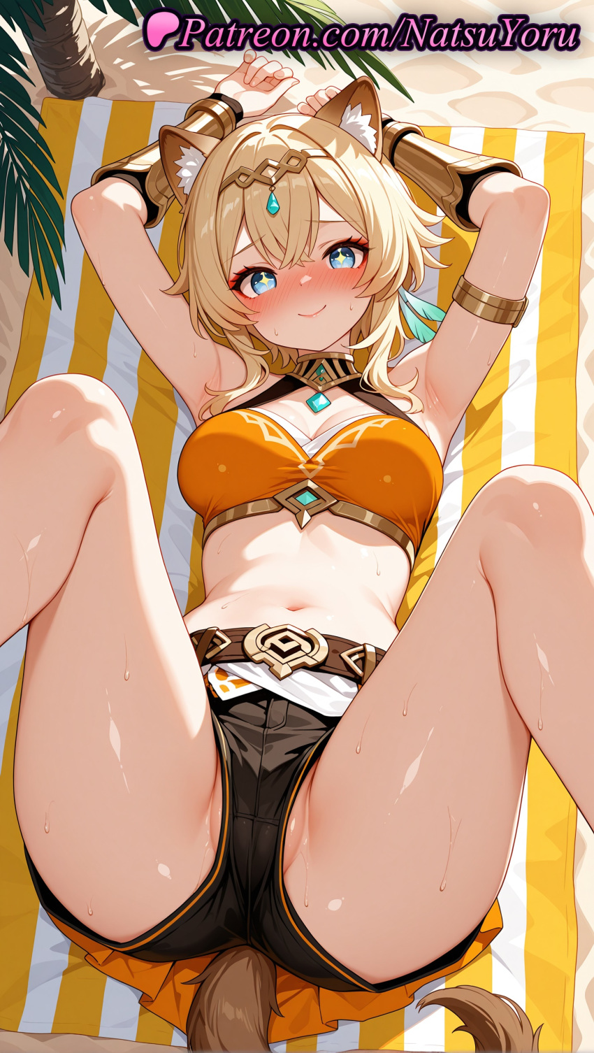 1girl 1girl 1girls 2025 ai ai_assisted ai_generated animal_ear_fluff animal_ears anime anime_style armlet armpit armpits arms_up asian ass bangs bare_shoulders beach belt big_breasts big_breasts bikini black_shorts blonde_hair blue_eyes blush bracer breasts bust cat_ears cat_girl cat_tail circlet cleavage closed_mouth crotch feathers female_focus female_only genshin_impact hair_ornament hammock heart-shaped_pupils hentai high_quality high_res high_res high_resolution hoyoverse jewelry juicy_butt kachina_(genshin_impact) legs lips looking_at_viewer lying m_legs medium_breasts medium_hair midriff mihoyo mihoyo_technology_(shanghai)_co._ltd. natsuyoru navel official_alternate_costume on_back orange_bikini outside partially_visible_vulva patreon short_hair short_shorts shorts smile solo_female spread_legs stable_diffusion stomach sweat swimsuit symbol-shaped_pupils tail thighs voluptuous voluptuous_female