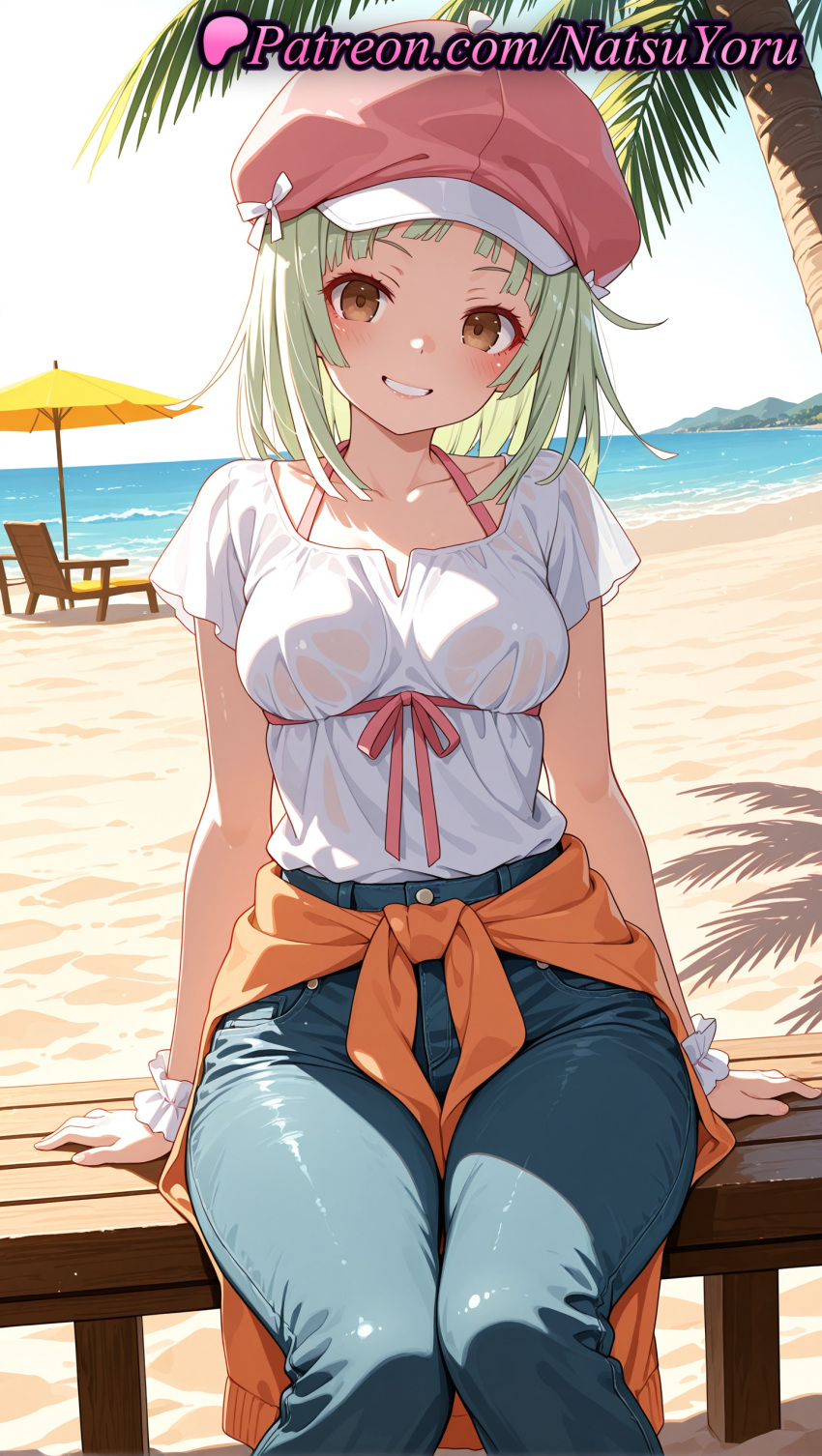1girl 1girl 1girls 2025 ai ai_assisted ai_generated anime anime_style arm_support bakemonogatari bangs beach beach_umbrella bench big_breasts bikini blue_pants blush bra_visible_through_clothes breasts brown_eyes bust cabbie_hat cleavage clothes_around_waist collarbone day denim feet_out_of_frame female_focus female_only green_hair grin halterneck hat hentai high_quality high_res high_res high_resolution horizon jacket jeans looking_at_viewer medium_breasts medium_hair monogatari_(series) natsuyoru ocean orange_jacket outside palm_tree pants patreon pink_headwear red_headwear sand scrunchie see-through see-through_shirt sengoku_nadeko shirt short_hair short_sleeves sitting sky smile solo_female stable_diffusion swimsuit teeth tree umbrella voluptuous voluptuous_female water wet wet_clothes wet_shirt white_shirt wrist_cuffs wrist_scrunchie