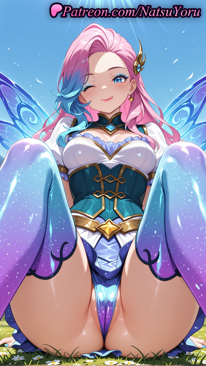 1girl 1girls 2025 ai ai_assisted ai_generated anime anime_style arm_support artist_name ass bangs belt big_breasts big_breasts blue_eyes blue_hair blue_legwear blue_panties blue_skirt blue_sky blue_thighhighs blush breasts bust butterfly_wings cameltoe cleavage cleavage_cutout closed_mouth clothing_cutout corset day dress earrings eyeshadow fairy_wings feet_out_of_frame female_focus female_only flower forehead gradient_hair gradient_legwear grass hair_ornament hentai high_quality high_res high_res high_resolution insect_wings jewelry juicy_butt knees_up labia labia_majora league_of_legends league_of_legends:_wild_rift legs licking_lips lipstick long_hair looking_at_viewer m_legs makeup medium_breasts multi-colored_hair multicolored_clothes multicolored_hair natsuyoru on_ground one_eye_closed outside panties panties partially_visible_vulva patreon pink_hair puffy_short_sleeves puffy_sleeves purple_panties purple_thighhighs riot_games seraphine_(league_of_legends) shiny short_sleeves sitting skirt sky smile solo_female spread_legs stable_diffusion star_(symbol) star_earrings starry_sky_print stockings thighs tongue tongue_out underwear upskirt voluptuous voluptuous_female wings