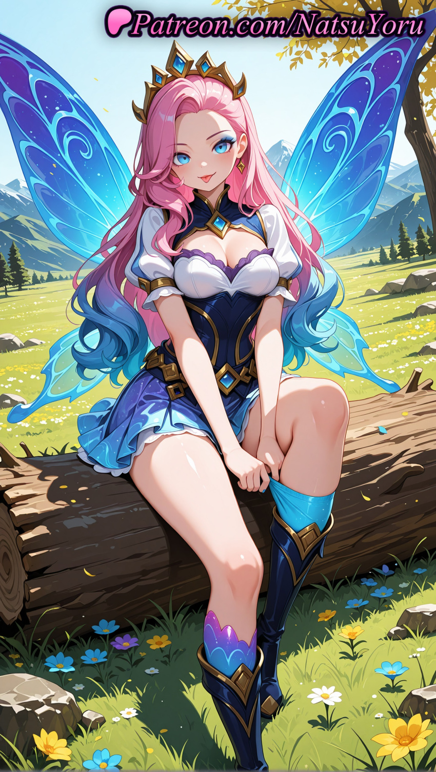1girl 1girl 1girls 2025 ai ai_assisted ai_generated anime anime_style artist_name bangs belt big_breasts black_footwear blue_dress blue_eyes blue_flower blue_footwear blue_hair blue_skirt blue_socks blue_thighhighs blue_wings boots breasts bust butterfly_wings cleavage cleavage_cutout closed_mouth clothing clothing_cutout corset crown day dress earrings fairy fairy_wings female_focus female_only flower forehead forest gradient_hair grass hair_ornament hentai high_heel_boots high_heels high_quality high_res high_res high_resolution insect_wings jewelry knee_boots knee_up kneehighs league_of_legends league_of_legends:_wild_rift legs lips log long_hair looking_at_viewer makeup medium_breasts mountain multi-colored_hair multicolored_hair natsuyoru nature non-asian official_alternate_costume outside pantyhose parted_bangs patreon pink_hair pink_lips plant pleated_skirt puffy_short_sleeves puffy_sleeves riot_games rock seraphine_(league_of_legends) short_dress short_sleeves sitting skirt sky smile socks solo_female stable_diffusion thighs tiara tongue tongue_out tree tree_stump voluptuous voluptuous_female white_flower wings yellow_flower