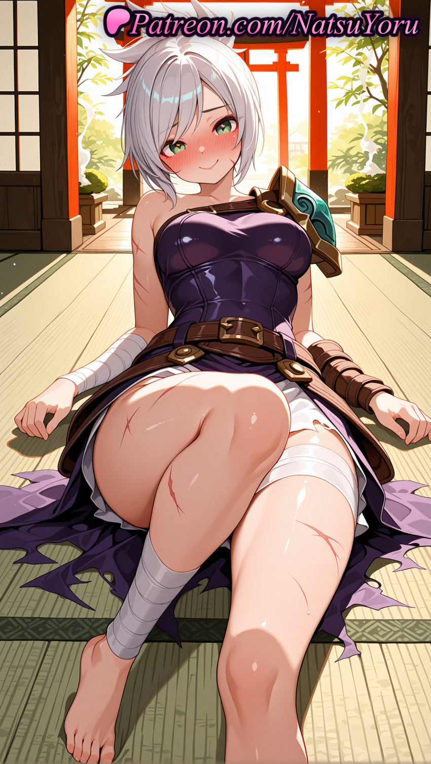 1girl 1girl 1girls 2025 ai ai_assisted ai_generated anime anime_style armor bandaged_arm bandaged_leg bandages bangs bare_shoulders barefoot belt big_breasts blue_eyes blush breasts brown_belt bust closed_mouth collarbone cuts dress feet female_focus female_only folded_ponytail foot_fetish foot_out_of_frame green_eyes grey_hair heart-shaped_pupils hentai high_quality high_res high_res high_resolution indoors injury knee_up league_of_legends league_of_legends:_wild_rift legs lipstick looking_at_viewer lying makeup medium_breasts natsuyoru non-asian on_back patreon pauldrons plant purple_dress riot_games riven scar scar_on_arm scar_on_face scar_on_leg scratches short_hair shoulder_armor silver_hair sitting smile solo_female stable_diffusion sweat symbol-shaped_pupils tatami thighs toenails toes torii torn_clothes voluptuous voluptuous_female white_hair