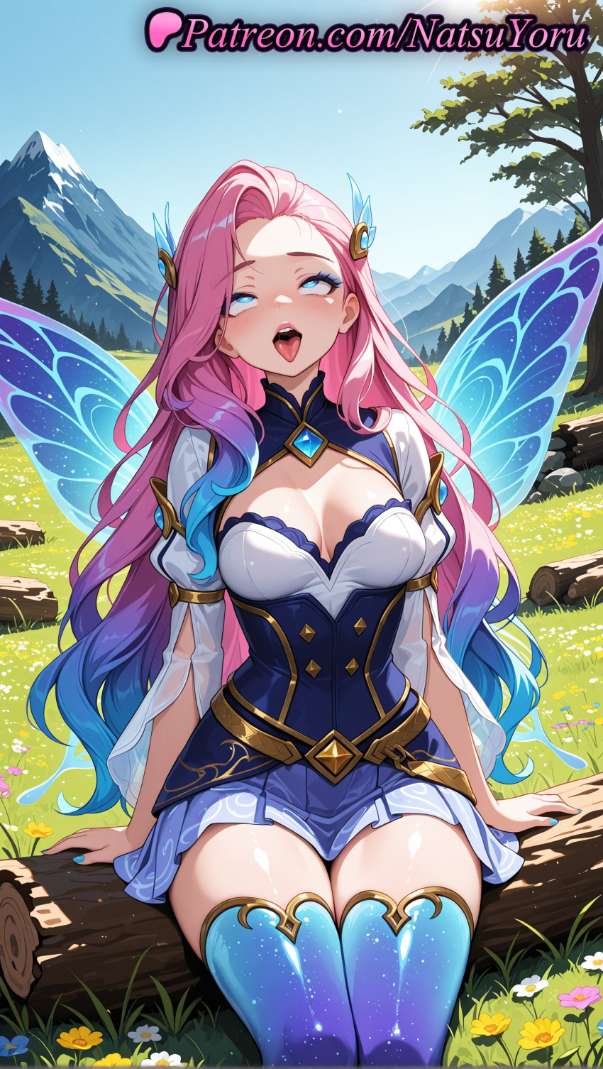 1girl 1girl 1girls 2025 ahegao ai ai_assisted ai_generated anime anime_style arm_support artist_name bangs belt big_breasts big_breasts blue_eyes blue_hair blue_nails blue_sky blue_thighhighs blue_wings blush breasts bust butterfly_wings caucasian cleavage cleavage_cutout clothing clothing_cutout day dress fairy_wings feet_out_of_frame female_focus female_only flower gradient_hair gradient_legwear grass hair_ornament hentai high_quality high_res high_res high_resolution league_of_legends league_of_legends:_wild_rift log long_hair long_sleeves looking_at_viewer looking_up makeup medium_breasts mountain multi-colored_hair multicolored_hair nail_polish natsuyoru nature non-asian official_alternate_costume open_mouth outside patreon pink_hair pleated_skirt puffy_sleeves purple_hair riot_games rolling_eyes saliva seraphine_(league_of_legends) sitting skirt sky solo_female stable_diffusion stockings teeth thighs tongue tongue_out tree tree_stump two-tone_hair upper_teeth_only very_long_hair voluptuous voluptuous_female wings yellow_flower zettai_ryouiki