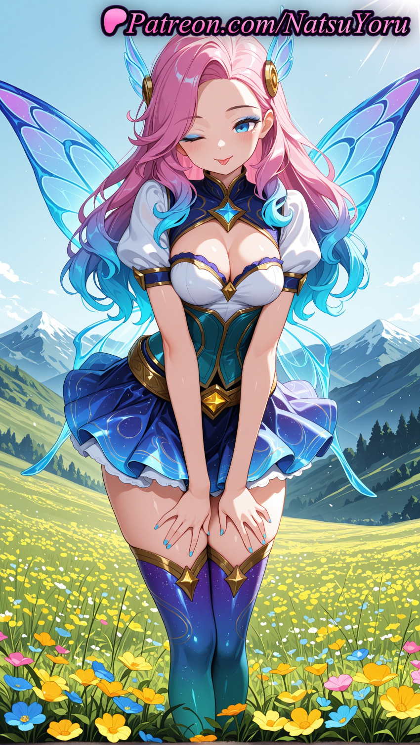 1girl 1girl 1girls 2025 ai ai_assisted ai_generated anime anime_style bangs big_breasts blue_dress blue_eyes blue_hair blue_legwear blue_nails blue_skirt blue_sky blue_thighhighs blue_wings blush breasts bust butterfly_wings cleavage cleavage_cutout closed_mouth clothing_cutout cloud corset day dress eyeshadow feet_out_of_frame female_focus female_only field flower flower_field flowers forehead gradient_hair gradient_legwear hair_ornament hentai high_quality high_res high_res high_resolution insect_wings league_of_legends league_of_legends:_wild_rift long_hair looking_at_viewer makeup meadow medium_breasts miniskirt mountain multi-colored_hair multicolored_hair nail_polish natsuyoru nature one_eye_closed outside parted_bangs patreon pink_hair plant puffy_short_sleeves puffy_sleeves riot_games seraphine_(league_of_legends) short_sleeves skirt sky smile solo_female stable_diffusion standing stockings thighs tongue tongue_out two-tone_hair voluptuous voluptuous_female wings yellow_flower zettai_ryouiki