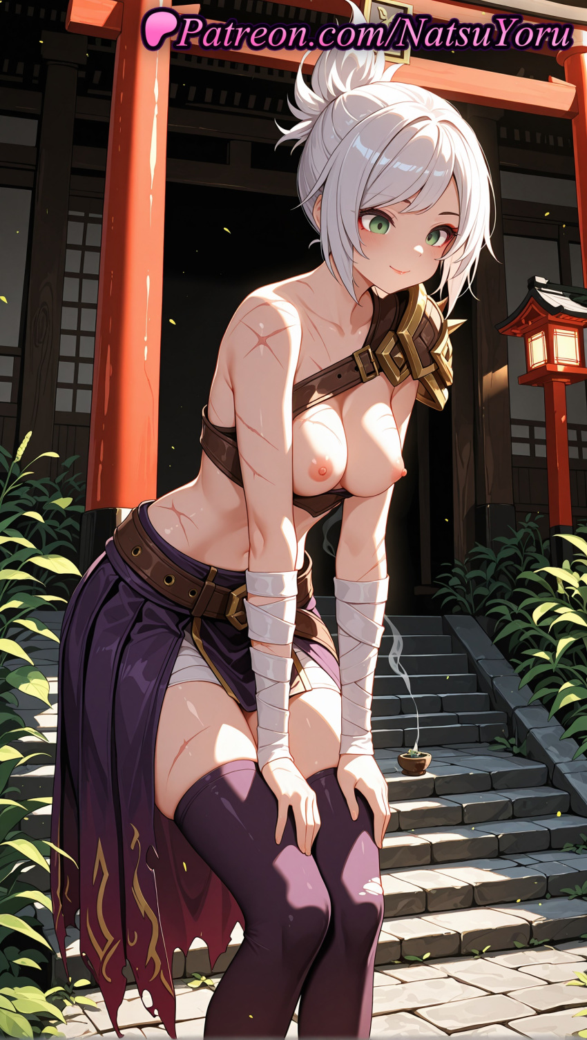 1girl 1girl 1girls 2025 ai ai_assisted ai_generated anime anime_style architecture armor bandaged_arm bandaged_hand bandages bangs bare_shoulders belt big_breasts big_breasts black_thighhighs blush breasts brown_belt bust closed_mouth clothing collarbone east_asian_architecture feet_out_of_frame female_focus female_only green_eyes hair_bun hands_on_own_knees hands_on_own_thighs hentai high_quality high_res high_res high_resolution lantern league_of_legends league_of_legends:_wild_rift leaning_forward looking_at_viewer looking_down medium_breasts natsuyoru navel nipples nipples_outside non-asian outside patreon pauldrons ponytail purple_skirt purple_thighhighs riot_games riven scar scar_on_arm scar_on_chest scar_on_face scar_on_leg scar_on_stomach short_hair shoulder_armor showgirl_skirt single_bare_shoulder single_hair_bun single_pauldron skindentation skirt smile solo_female stable_diffusion stairs standing stockings stone_stairs tied_hair torii torn_clothes uncensored_nipples voluptuous voluptuous_female white_hair