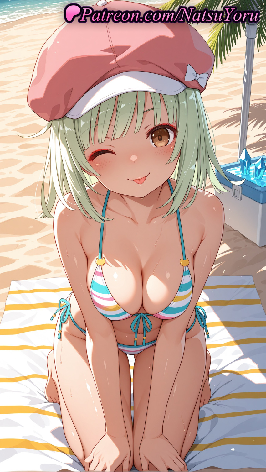 1girl 1girl 1girls 2025 ai ai_assisted ai_generated anime anime_style ass_visible_through_thighs bakemonogatari bangs bare_arms bare_legs bare_shoulders barefoot beach beach_mat beach_towel beach_umbrella big_breasts big_breasts bikini blush breasts brown_eyes brown_headwear bust cabbie_hat cleavage collarbone cooler day female_focus female_only front-tie_bikini_top front-tie_top green_hair halterneck hat hentai high_quality high_res high_res high_resolution ice ice_cube kneel looking_at_viewer medium_breasts medium_hair monogatari_(series) multicolored_clothes natsuyoru navel ocean one_eye_closed outside palm_tree patreon pink_headwear red_headwear sand sengoku_nadeko shade short_hair side-tie_bikini side-tie_bikini_bottom smile solo_female stable_diffusion stomach string_bikini striped striped_bikini striped_clothes sweat swimsuit thigh_gap thighs tongue tongue_out towel tree umbrella voluptuous voluptuous_female water wet