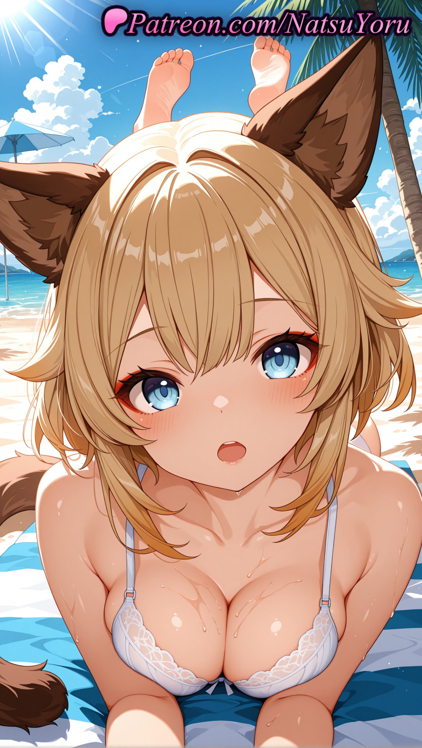 1girl 1girl 1girls 2025 ai ai_assisted ai_generated animal_ear_fluff animal_ears anime anime_style bangs bare_arms bare_shoulders barefoot beach beach_towel beach_umbrella big_breasts big_breasts bikini blonde_hair blue_eyes blue_sky blush bra breasts brown_hair bust cat_ears cat_girl cat_tail cleavage cloud collarbone day feet feet_up female_focus female_only foot_fetish genshin_impact hentai high_quality high_res high_res high_resolution hoyoverse kachina_(genshin_impact) lipstick looking_at_viewer lying makeup medium_breasts medium_hair mihoyo mihoyo_technology_(shanghai)_co._ltd. natsuyoru non-asian ocean on_stomach open_mouth outside palm_tree patreon short_hair sky soles solo_female stable_diffusion sun sweat swimsuit tail teeth the_pose toes towel tree umbrella underwear upper_teeth_only voluptuous voluptuous_female water wet white_bikini white_bra