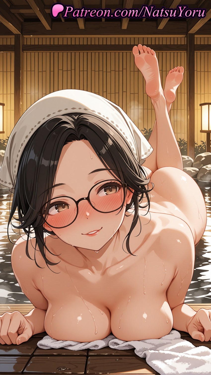 1girl 1girl 1girls 2025 ai ai_assisted ai_generated alma_(monster_hunter_wilds) anime anime_style asian ass ass bangs barefoot bath bathing big_breasts big_breasts black-framed_eyewear black_hair blush breast_press breasts brown_eyes bust capcom cleavage collarbone completely_nude crossed_legs feet feet_up female_focus female_only foot_fetish forehead glasses hentai high_quality high_res high_res high_resolution juicy_butt lantern legs_up lips looking_at_viewer lying megane monster_hunter monster_hunter_wilds naked_towel natsuyoru non-asian nose_blush nude nude_female on_stomach onsen parted_bangs parted_lips partially_submerged patreon rock short_hair smile soles solo_female stable_diffusion steam the_pose thighs toes towel towel_on_head voluptuous voluptuous_female water wet