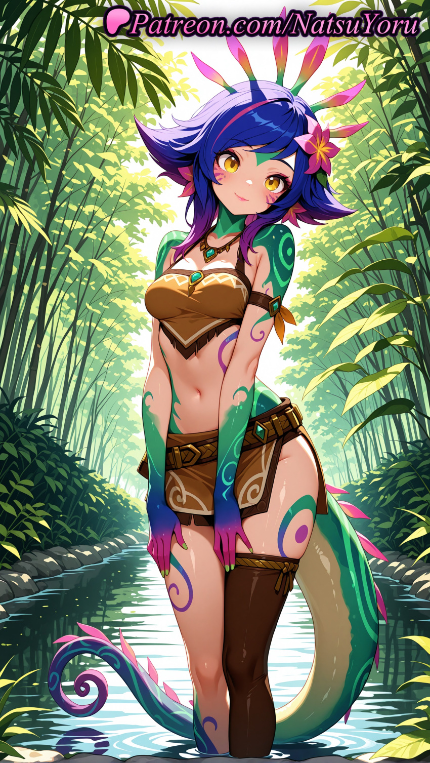 1girl 1girls 2025 ai ai_assisted ai_generated anime anime_style armband asymmetrical_legwear bamboo bamboo_forest bangs bare_shoulders belt big_breasts blue_hair blue_skin blush bodypaint breasts brown_skirt brown_thighhighs bust closed_mouth colored_skin crop_top day facepaint female_focus female_only flipped_hair flower flowers forest gloves green_skin hair_flower hair_ornament halter_top hentai high_quality high_res high_resolution jewelry jungle league_of_legends league_of_legends:_wild_rift lizard_tail looking_at_viewer medium_breasts medium_hair midriff miniskirt monster_girl multi-colored_hair multicolored_hair multicolored_skin natsuyoru nature navel necklace neeko non-asian outside patreon pink_flower pink_hair plant pond purple_hair reptile_girl riot_games short_hair single_thighhigh skirt smile solo_female stable_diffusion standing stockings stomach tail tree voluptuous voluptuous_female wading water yellow_eyes