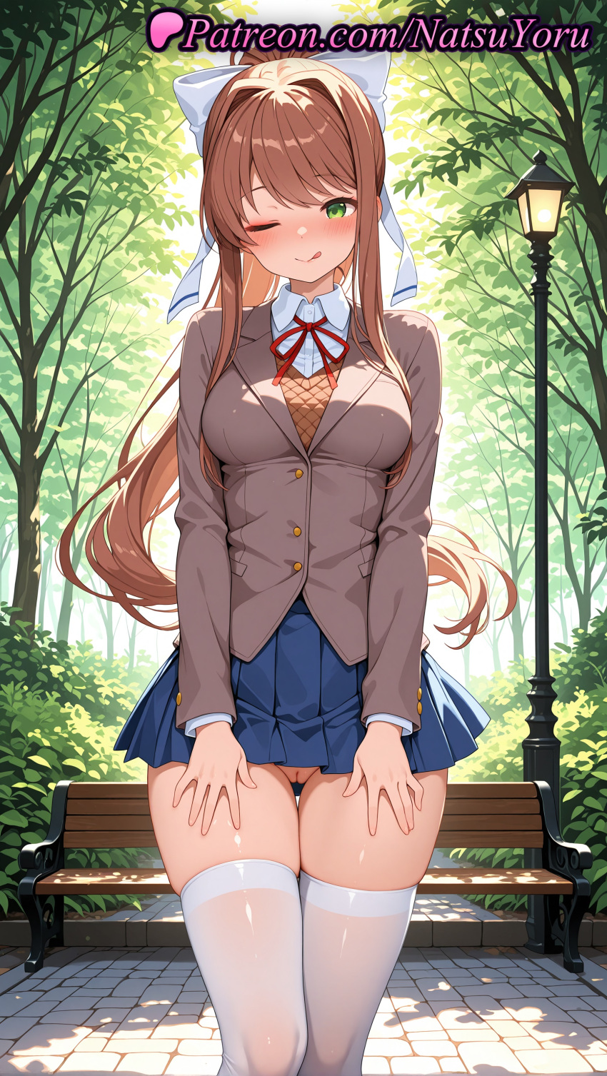 1girl 1girl 1girls 2025 ai ai_assisted ai_generated anime anime_style asian ass_visible_through_thighs bangs bench big_breasts blazer blue_skirt blush bow breasts brown_hair brown_jacket brown_sweater_vest bust closed_mouth collared_shirt day doki_doki_literature_club exhibitionism feet_out_of_frame female_focus female_only green_eyes grey_jacket hair_bow hair_intakes hands_on_own_thighs hentai high_quality high_res high_res high_resolution jacket lamppost legs legwear long_hair long_sleeves looking_at_viewer medium_breasts miniskirt monika_(doki_doki_literature_club) natsuyoru neck_ribbon no_panties non-asian nopan one_eye_closed outside paipan panties park_bench patreon pleated_skirt ponytail public_indecency pussy pussy pussy_peek red_ribbon ribbon school_uniform shirt sidelocks skindentation skirt smile solo_female stable_diffusion standing stockings thigh_gap thighs tongue tongue_out tree uncensored underwear upskirt very_long_hair voluptuous voluptuous_female white_bow white_ribbon white_shirt white_thighhighs