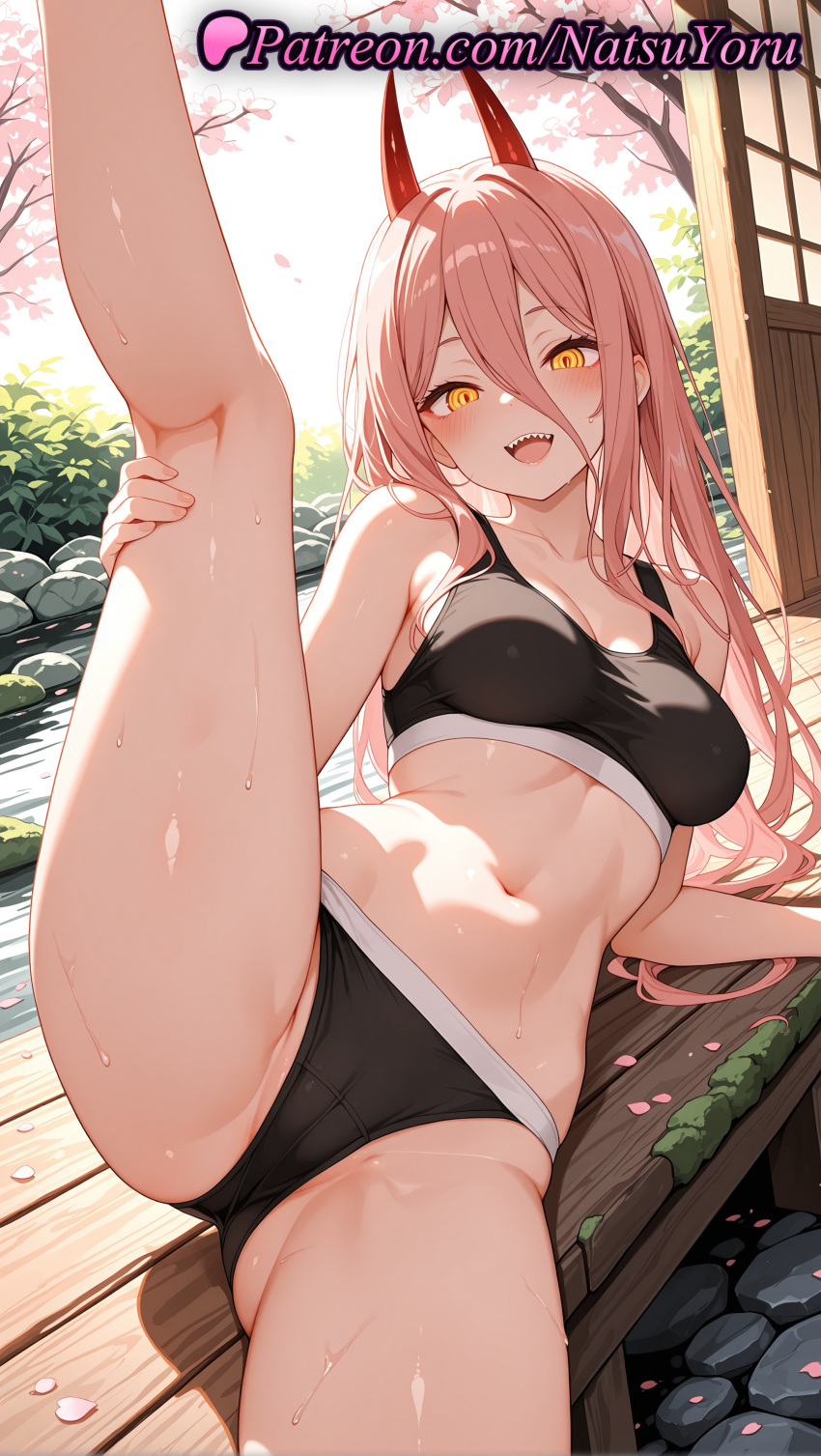 1girl 1girl 1girls 2025 ai ai_assisted ai_generated anime anime_style bare_shoulders big_breasts black_bra black_panties black_sports_bra blush bra breasts bust cameltoe chainsaw_man cherry_blossoms collarbone cross-shaped_pupils day demon_horns falling_petals fangs female_focus female_only hair_between_eyes hentai high_quality high_res high_res high_resolution horns kneepits leg_lift leg_lift legs light-skinned_female long_hair looking_at_viewer lying medium_breasts natsuyoru navel non-asian open_mouth outside panties panties patreon petals pink_hair power_(chainsaw_man) red_horns sharp_teeth smile solo_female split sports_bra stable_diffusion stomach sweat symbol-shaped_pupils teeth thick_thighs thighs underwear underwear_only voluptuous voluptuous_female water wet wig yellow_eyes