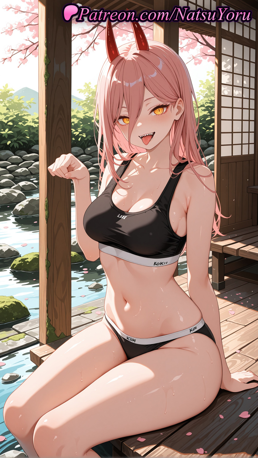 1girl 1girls 2025 ai ai_assisted ai_generated alternate_breast_size alternate_costume anime anime_style bare_arms bare_shoulders big_breasts black_bra black_panties black_sports_bra blush bra breasts bust chainsaw_man cherry_blossoms cleavage collarbone cross-shaped_pupils day demon_horns falling_petals feet_out_of_frame female_focus female_only hair_between_eyes hand_up hentai high_quality high_res high_resolution horns light-skinned_female long_hair looking_at_viewer medium_breasts natsuyoru navel non-asian open_mouth outside panties patreon paw_pose petals pink_hair pond power_(chainsaw_man) red_horns rock sharp_teeth sitting smile soaking_feet solo_female sports_bikini sports_bra stable_diffusion stomach sunlight sweat symbol-shaped_pupils teeth thick_thighs thighs tongue tongue_out tree underwear underwear_only voluptuous voluptuous_female water wet wig yellow_eyes