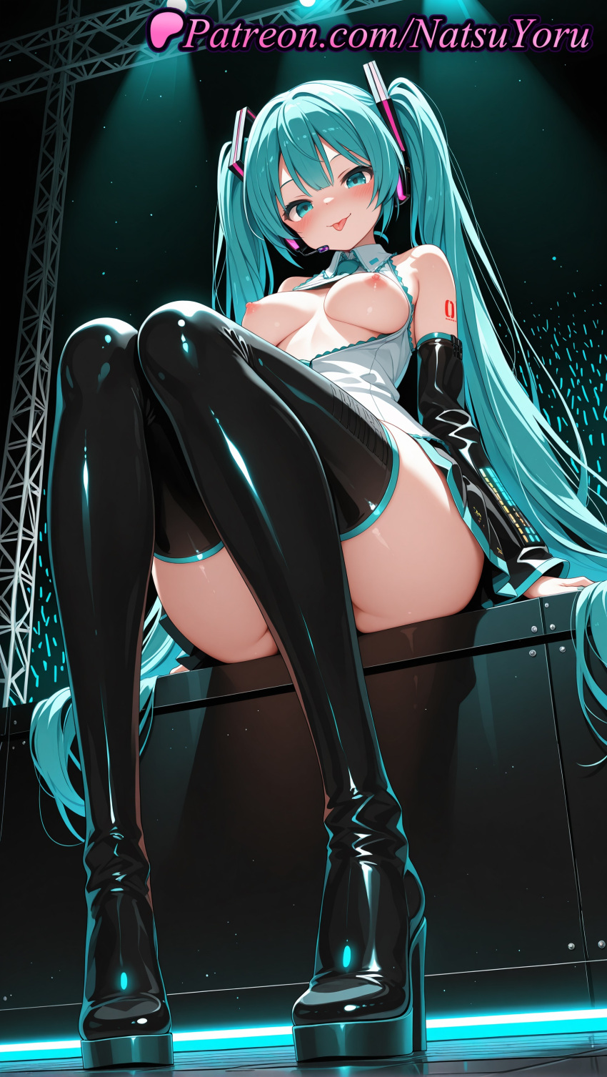 1girl 1girls 2025 ai ai_assisted ai_generated anime anime_style aqua_eyes aqua_hair aqua_necktie arm_support arm_tattoo ass audience bangs bare_shoulders big_breasts black_footwear black_legwear black_skirt black_sleeves black_thighhighs blouse blush boots breasts breasts_apart breasts_out breasts_outside bust collared_shirt concert detached_sleeves female_focus female_only female_solo from_below full_body glowstick hair_ornament headset hentai high_heel_boots high_heels high_quality high_res high_resolution juicy_butt knees_together_feet_apart long_hair long_sleeves looking_at_viewer medium_breasts microphone miku_hatsune miniskirt natsuyoru neck_tie nipples nipples_outside no_bra no_panties number_tattoo open_clothes open_shirt patreon pleated_skirt shiny shiny_clothes shirt shoulder_tattoo sitting skirt sleeveless sleeveless_shirt smile solo_female spotlight stable_diffusion stage stage_lights stockings tattoo teasing thigh_high_boots thighs tie tongue tongue_out twin_tails uncensored_nipples very_long_hair vocaloid voluptuous voluptuous_female white_shirt