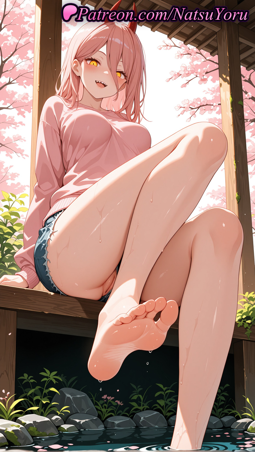 1girl 1girl 1girls 2025 ai ai_assisted ai_generated anime anime_style asian bangs bare_legs barefoot big_breasts big_breasts blue_shorts blush breasts bust caucasian chainsaw_man cherry_blossoms cleft_of_venus cross-shaped_pupils cutoffs demon_horns denim denim_shorts feet female_focus female_only foot_fetish foot_focus foot_out_of_frame foreshortening from_below hair_between_eyes hentai high_quality high_res high_res high_resolution horns labia_majora large_ass legs light-skinned_female long_hair long_sleeves looking_at_viewer medium_breasts natsuyoru no_panties non-asian open_mouth outside partially_visible_vulva patreon petals pink_hair pink_shirt pink_sweater power_(chainsaw_man) pussy pussy pussy_peek red_horns rock sharp_teeth shirt short_shorts shorts sitting smile soaking_feet soles solo_female stable_diffusion sweater symbol-shaped_pupils teeth thick_thighs thighs toenails toes uncensored upper_teeth_only voluptuous voluptuous_female water wet yellow_eyes