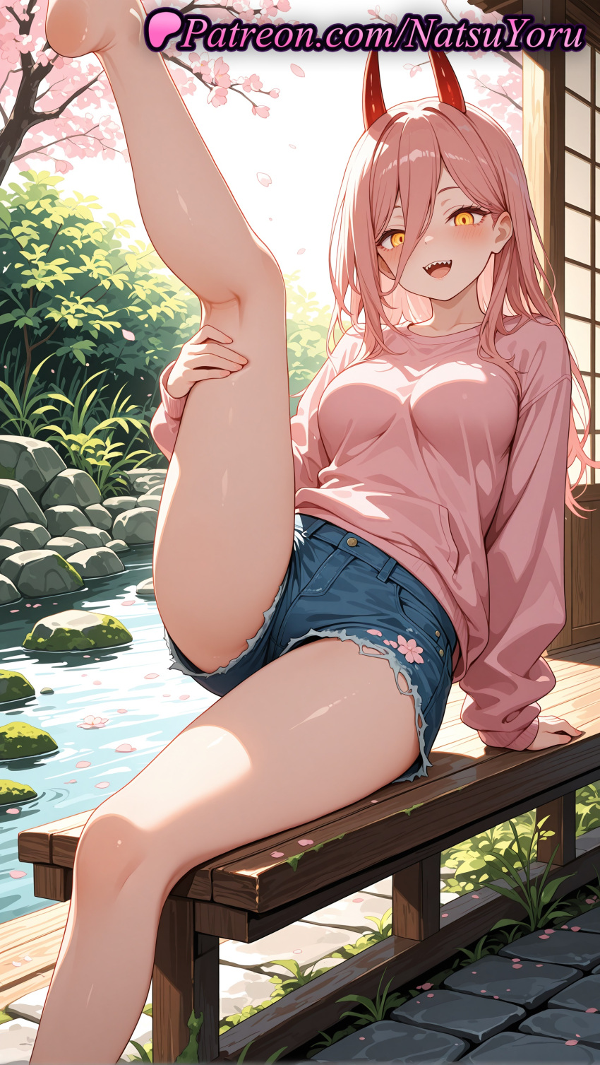 1girl 1girls 2025 ai ai_assisted ai_generated anime anime_style bare_legs barefoot big_ass big_breasts big_breasts blue_shorts blush breasts bust caucasian chainsaw_man cherry_blossoms cross-shaped_pupils curvaceous cutoffs day demon_horns denim denim_shorts falling_petals fangs feet female_focus female_only female_solo foot_fetish foot_out_of_frame grass hair_between_eyes hentai high_quality high_res high_res high_resolution horns kneepits large_ass leg_lift leg_lift legs light-skinned_female long_hair long_sleeves looking_at_viewer medium_breasts natsuyoru non-asian open_mouth outside patreon petals pink_hair pink_shirt pink_sweater pond power_(chainsaw_man) red_horns sharp_teeth shirt short_shorts shorts sitting smile soaking_feet soles solo_female stable_diffusion sweater symbol-shaped_pupils teeth thick_thighs thighs toes torn_shorts tree upper_teeth_only voluptuous voluptuous_female water wig yellow_eyes