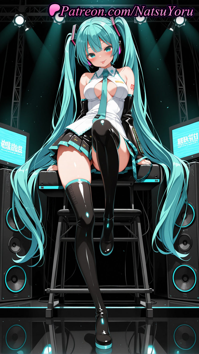 1girl 1girls 2025 ai ai_assisted ai_generated anime anime_style aqua_eyes aqua_hair aqua_nails aqua_necktie arm_support asian bangs bare_shoulders between_breasts big_breasts black_footwear black_legwear black_skirt black_sleeves black_thighhighs blouse blush boots breasts breasts_apart bust cleavage collared_shirt default_costume detached_sleeves female_focus female_only female_solo full_body green_eyes hair_ornament head_tilt headphones headset hentai high_quality high_res high_resolution knee_up legwear long_hair looking_at_viewer medium_breasts microphone miku_hatsune miniskirt natsuyoru neck_tie necktie_between_breasts number_tattoo open_mouth panties patreon pleated_skirt shiny_clothes shirt shoulder_tattoo sitting skirt sleeveless sleeveless_blouse sleeveless_shirt smile solo_female speaker spotlight stable_diffusion stage stage_lights stockings stool tattoo thigh_high_boots thighs tie tongue tongue_out twin_tails underwear very_long_hair vocaloid voluptuous voluptuous_female white_shirt