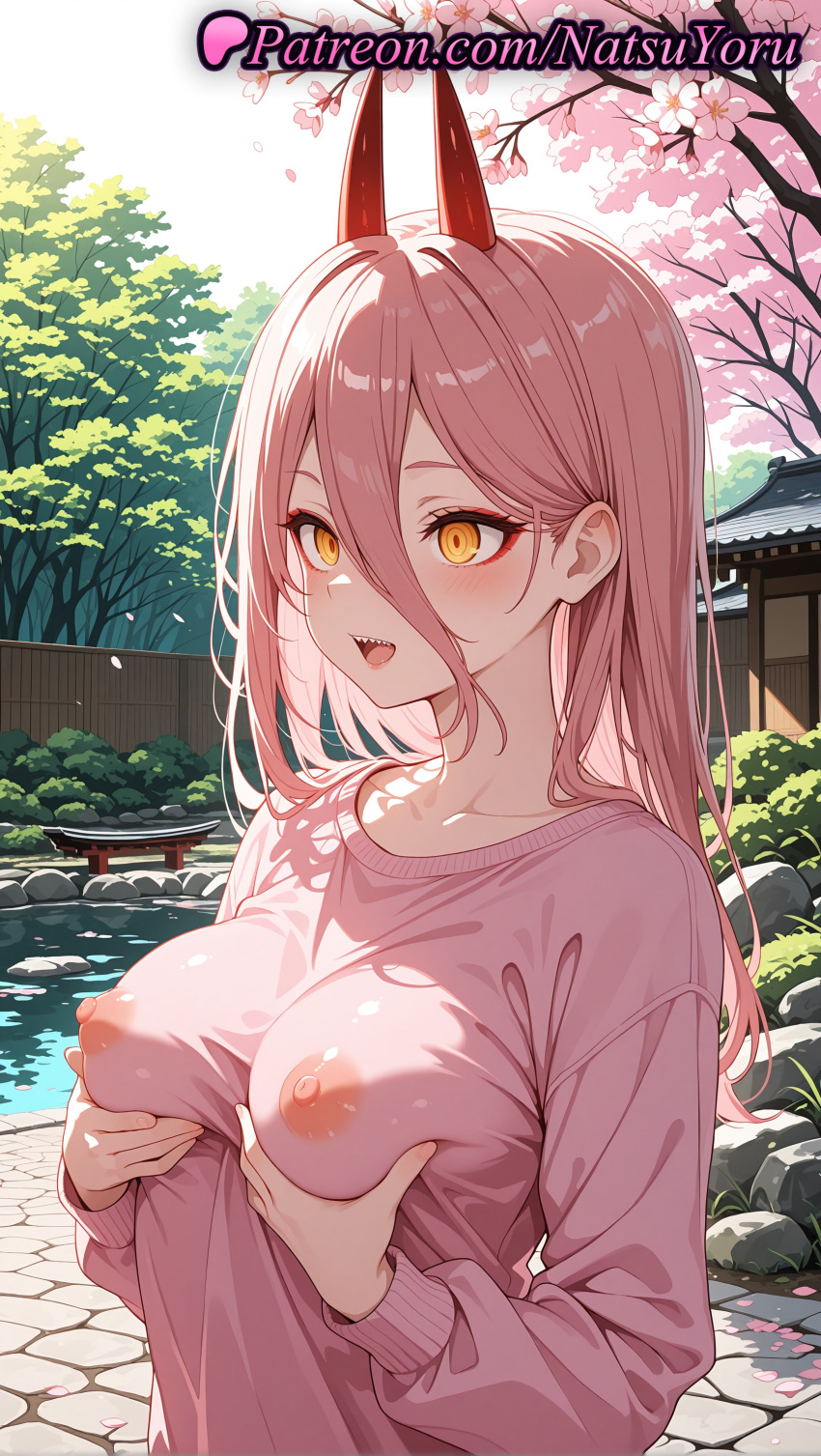 1girl 1girl 1girls 2025 ai ai_assisted ai_generated alternate_breast_size anime anime_style big_breasts big_breasts blush breast_lift breasts bush bust caucasian chainsaw_man cherry_blossoms collarbone covered_nipples cross-shaped_pupils day demon_horns fangs female_focus female_only grabbing_own_breast hair_between_eyes hentai high_quality high_res high_res high_resolution horns long_hair long_sleeves looking_at_viewer makeup medium_breasts natsuyoru nipples nipples_outside non-asian onsen open_mouth orange_eyes outside patreon petals pink_hair pink_shirt pink_sweater pond power_(chainsaw_man) red_horns see-through sharp_teeth shirt smile solo_female stable_diffusion sweater symbol-shaped_pupils teeth tree uncensored_nipples upper_body upper_teeth_only voluptuous voluptuous_female water wet yellow_eyes