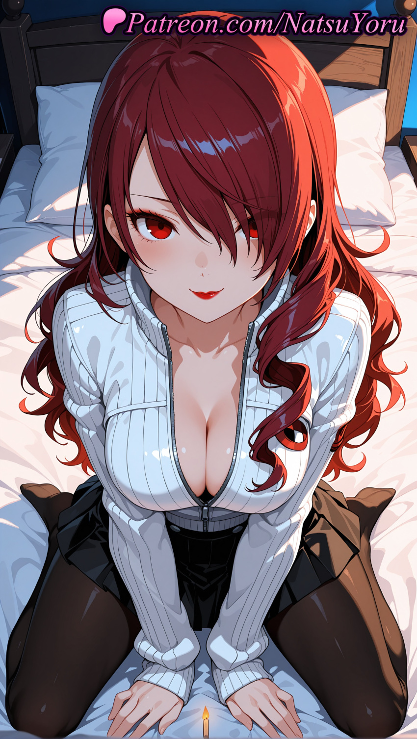 1girl 1girl 1girls 2025 ai ai_assisted ai_generated anime anime_style atlus bangs bed bed_sheet big_breasts big_breasts black_bra black_pantyhose black_skirt blush bra breasts bust candle cleavage closed_mouth collarbone eyes_visible_through_hair female_focus female_only from_above hair_over_one_eye hentai high_quality high_res high_res high_resolution indoors jacket kirijou_mitsuru lips lipstick long_hair long_sleeves looking_at_viewer makeup miniskirt nail_polish natsuyoru no_shoes non-asian on_bed pantyhose partially_unzipped patreon persona persona_3 persona_3_reload pillow pleated_skirt red_eyes red_hair red_lips shirt sitting skirt smile solo_female stable_diffusion sweater underwear voluptuous voluptuous_female wariza wavy_hair white_sweater zipper zipper_pull_tab