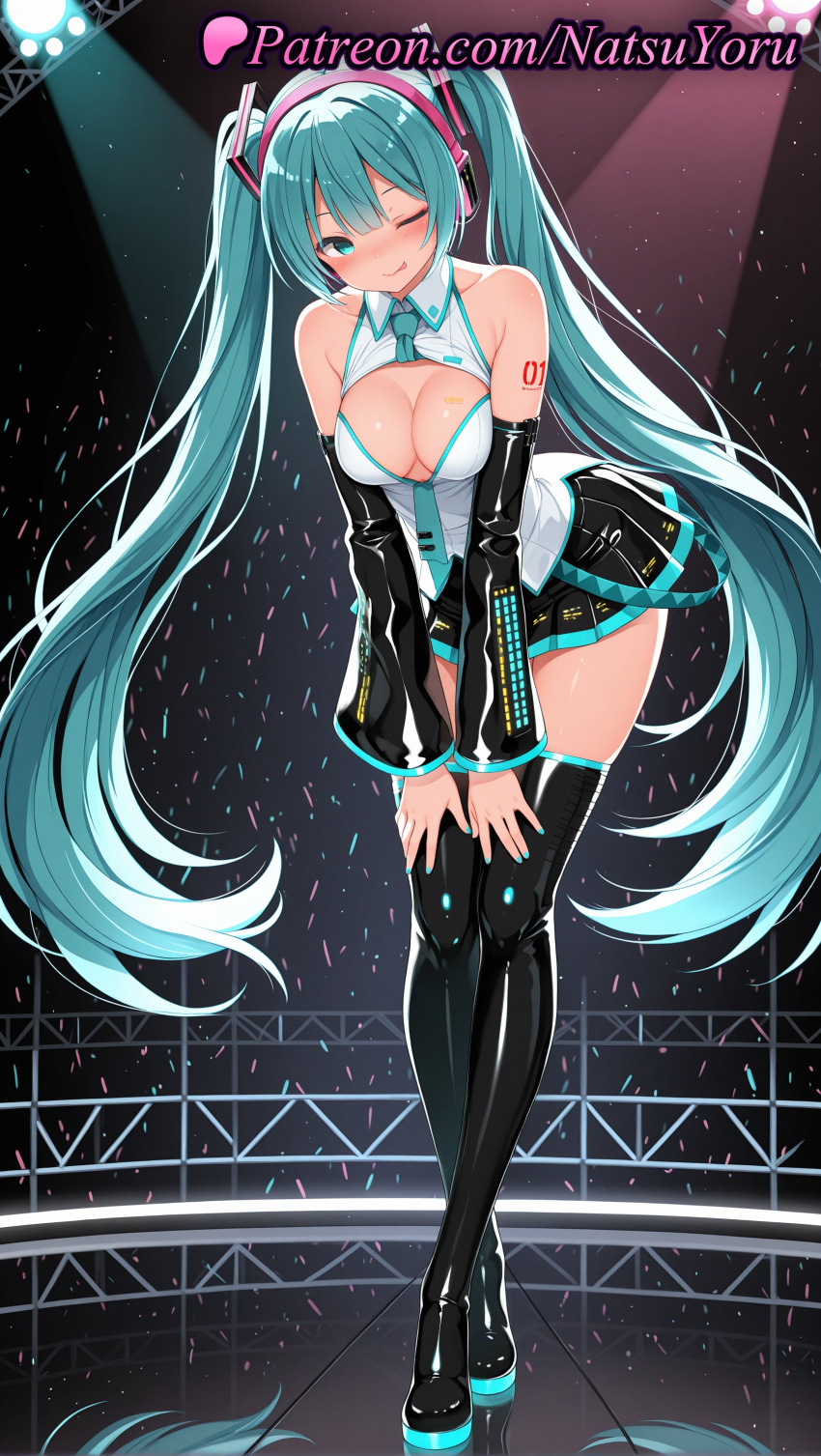 1girl 1girls 2025 ai ai_assisted ai_generated alternate_breast_size anime anime_style aqua_eyes aqua_hair aqua_nails aqua_necktie bangs bare_shoulders between_breasts big_breasts black_footwear black_legwear black_skirt black_sleeves black_thighhighs blush boots breasts bust cleavage cleavage_cutout clothing_cutout collared_shirt concert crossed_legs default_costume detached_sleeves female_focus female_only female_solo full_body hair_ornament headphones headset hentai high_quality high_res high_resolution latex leaning_forward long_hair long_sleeves looking_at_viewer medium_breasts miku_hatsune miniskirt nail_polish natsuyoru neck_tie necktie_between_breasts number_tattoo one_eye_closed patreon pleated_skirt shirt shoulder_tattoo skirt sleeveless sleeveless_blouse sleeveless_shirt smile solo_female spotlight stable_diffusion stage stage_lights standing stockings tattoo thigh_high_boots tie tongue tongue_out twin_tails very_long_hair vocaloid voluptuous voluptuous_female watson_cross white_shirt zettai_ryouiki