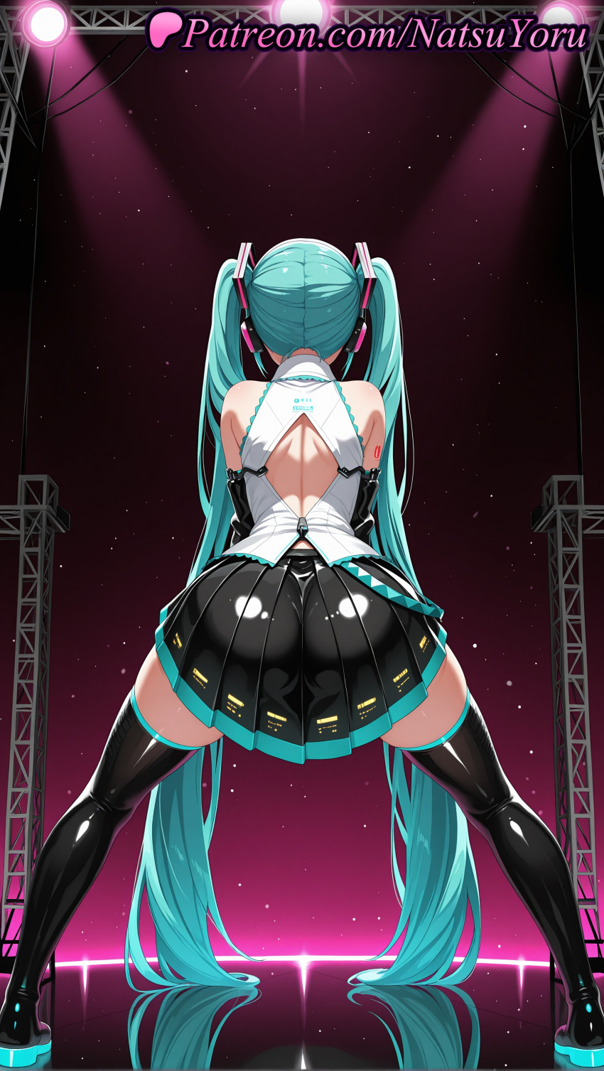 1girl 1girl 1girls 2025 absurdly_long_hair ai ai_assisted ai_generated anime anime_style aqua_hair ass ass back back_cutout bare_shoulders black_footwear black_legwear black_skirt black_thighhighs boots bowlegged_pose concert detached_sleeves facing_away female_focus female_only from_behind full_body hair_ornament headphones headset hentai high_heels high_quality high_res high_res high_resolution juicy_butt latex leaning_forward legs_apart long_hair miku_hatsune miniskirt natsuyoru neon_trim non-asian number_tattoo patreon pleated_skirt shiny_clothes shirt shoulder_tattoo skindentation skirt sleeveless sleeveless_blouse sleeveless_shirt solo_female spotlight spread_legs stable_diffusion stage stage_lights standing stockings tattoo thigh_high_boots twin_tails very_long_hair vocaloid voluptuous voluptuous_female white_shirt zettai_ryouiki