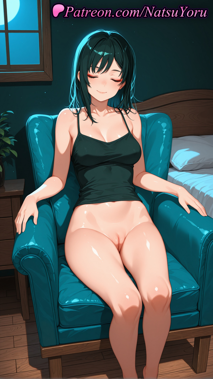 1girl 1girl 1girls 2025 ai ai_assisted ai_generated anime anime_style armchair bangs bare_arms bare_shoulders bed bedroom big_breasts big_breasts black_camisole black_hair blush bottomless breasts bust camisole chainsaw_man chair cleavage cleft_of_venus closed_eyes closed_eyes closed_mouth collarbone couch covered_nipples facing_viewer feet_out_of_frame female_focus female_only full_moon green_hair hentai high_quality high_res high_res high_resolution himeno_(chainsaw_man) indoors labia legs long_hair makeup medium_breasts medium_hair moon natsuyoru navel night night_sky no_panties nude nude_female on_bed on_chair paipan patreon pillow plant potted_plant pussy pussy shaved_vagina shiny shiny_skin sitting sky sleeping smile solo_female spaghetti_strap stable_diffusion thighs uncensored voluptuous voluptuous_female window wooden_floor