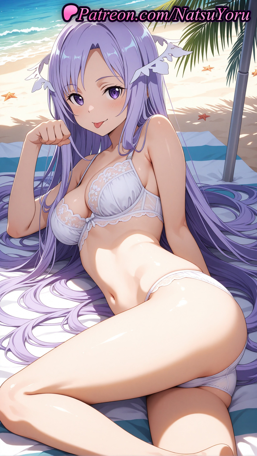 1girl 1girl 1girls 2025 ai ai_assisted ai_generated anime anime_style asian ass ass bangs bare_arms bare_legs bare_shoulders barefoot beach beach_mat beach_towel big_breasts big_breasts bikini blush bra breasts bust cleavage closed_mouth collarbone day female_focus female_only foot_out_of_frame hair_ornament hand_up hentai high_quality high_res high_res high_resolution juicy_butt lace_trim legs long_hair looking_at_viewer lying medium_breasts natsuyoru navel ocean on_side outside palm_tree panties parted_bangs patreon paw_pose purple_eyes purple_hair quinella_(sword_art_online) sand smile solo_female stable_diffusion starfish stomach swimsuit sword_art_online sword_art_online_alicization thighs tongue tongue_out towel tree umbrella underwear underwear_only very_long_hair voluptuous voluptuous_female water white_bikini white_bra white_panties
