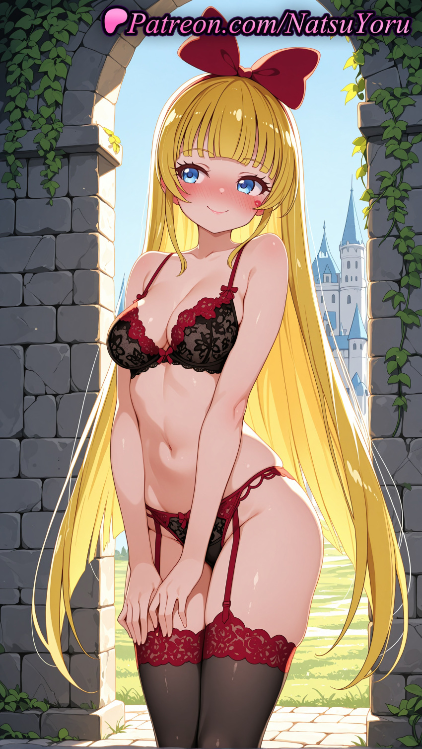 1girl 1girls 2025 ai ai_assisted ai_generated anime anime_style bangs bare_arms bare_shoulders big_breasts black_bra black_legwear black_panties black_thighhighs blonde_hair blue_eyes blue_sky blunt_bangs blush bow bra breasts brick_wall bust castle cleavage closed_mouth collarbone cowboy_shot day dokidoki!_precure female_focus female_only female_solo garter_belt garter_straps groin hair_bow hairband hentai high_quality high_res high_resolution lace lace-trimmed_bra lace-trimmed_legwear lace_bra lace_trim lingerie long_hair looking_at_viewer looking_to_the_side medium_breasts natsuyoru navel nose_blush outside panties patreon plant precure pretty_cure red_bow red_hairband regina_(dokidoki!_precure) skindentation sky smile solo_female stable_diffusion standing stockings stomach underwear underwear_only v_arms very_long_hair voluptuous voluptuous_female