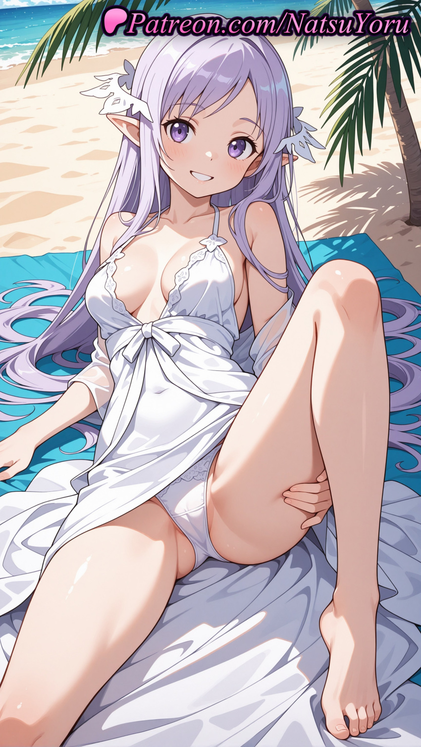 1girl 1girl 1girls 2025 ai ai_assisted ai_generated anime anime_style asian bangs bare_legs bare_shoulders barefoot beach big_breasts blush breasts breasts_apart bust cameltoe cleavage collarbone covered_navel day dress elf elf_ears feet female_focus female_only foot_fetish foot_out_of_frame grin hand_on_own_thigh hentai high_quality high_res high_res high_resolution knee_up legs long_hair looking_at_viewer lying medium_breasts natsuyoru ocean on_back outside palm_tree panties panties patreon pointed_ears pointy_ears purple_eyes purple_hair quinella_(sword_art_online) sand sitting sleeveless_dress smile solo_female spread_legs stable_diffusion swimsuit sword_art_online sword_art_online_alicization thighs toenails toes tree underwear very_long_hair voluptuous voluptuous_female water white_dress white_panties