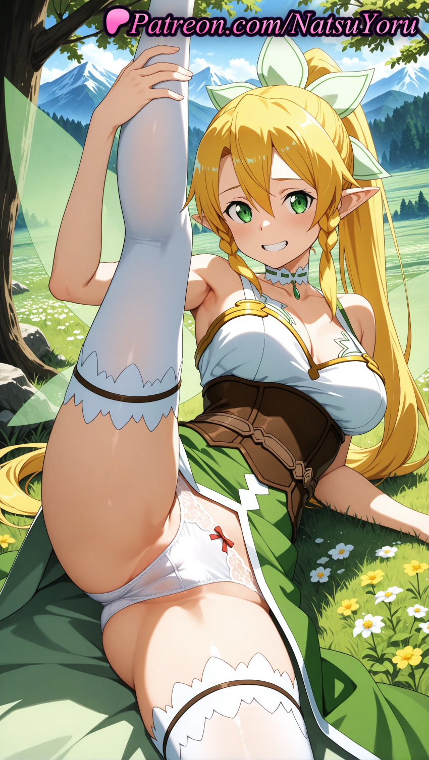 1girl 1girl 1girls 2025 ai ai_assisted ai_generated alfheim_online anime anime_style armpits ass_visible_through_thighs bangs bare_shoulders big_breasts big_breasts blonde_hair blue_sky blush bow bow_panties braid breasts bust cameltoe choker cleavage collarbone corset day dress elf elf_ears energy_wings fairy fairy_(sao) fairy_wings feet_out_of_frame female_focus female_only flower grass green_dress green_eyes green_wings grin hair_between_eyes hentai high_quality high_res high_res high_resolution juicy_butt kirigaya_suguha kneepits leafa leg_lift leg_lift legs long_hair looking_at_viewer lying mountain natsuyoru nature on_side outside panties panties patreon pointed_ears pointy_ears ponytail sky sleeveless smile solo_female split spread_legs stable_diffusion stockings sword_art_online sword_art_online:_fairy_dance sword_art_online_alicization teeth thighs transparent_wings tree twin_braids underbust underwear very_long_hair voluptuous voluptuous_female white_choker white_legwear white_panties white_thighhighs wings
