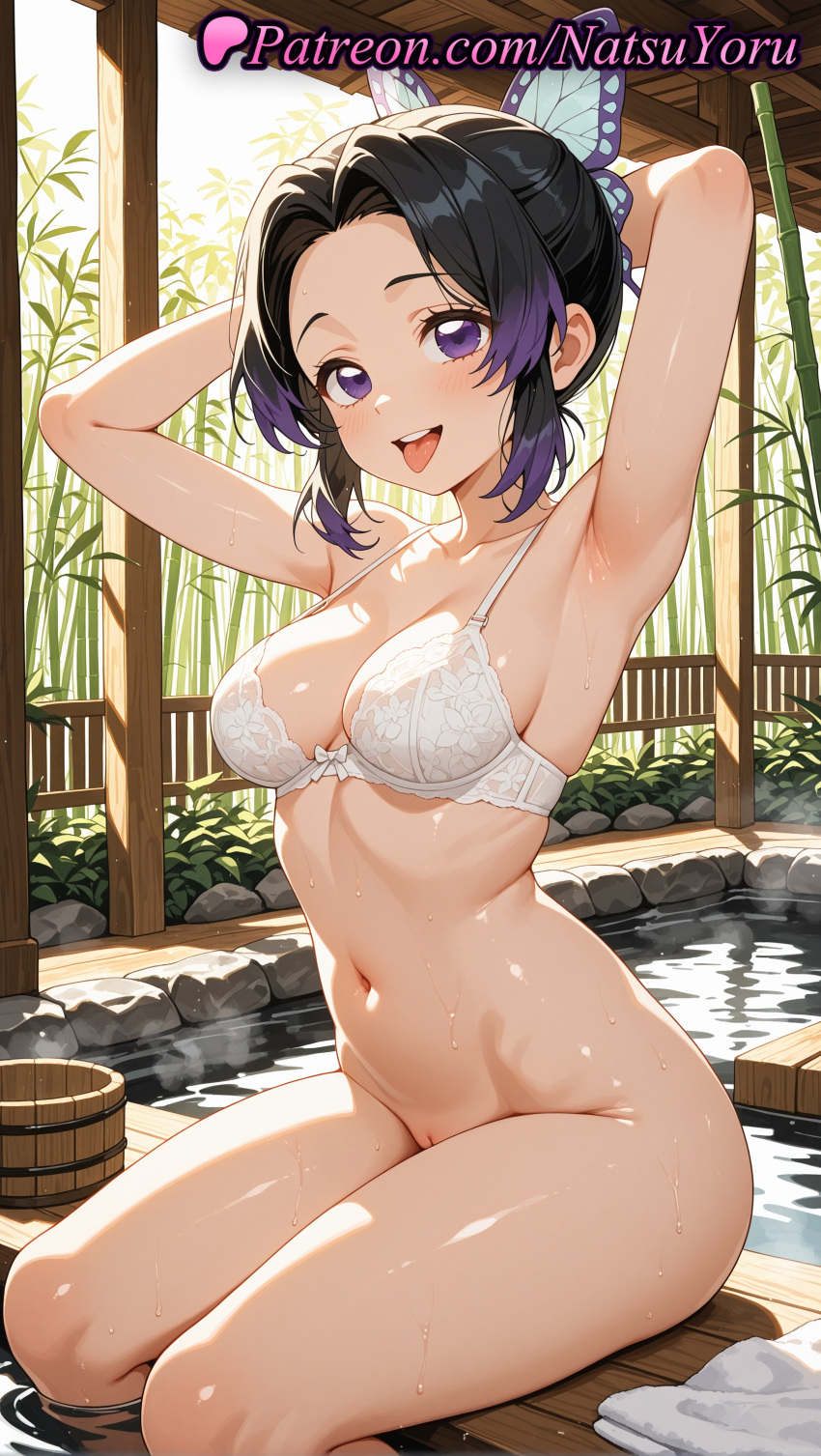 1girl 1girl 1girls 2025 ai ai_assisted ai_generated anime anime_style armpit armpits arms_behind_head arms_up asian bamboo bangs bare_shoulders big_breasts big_breasts black_hair blush bottomless bow bow_bra bra breasts bucket bust butterfly_hair_ornament cleavage cleft_of_venus collarbone day demon_slayer female_focus female_only female_solo gradient_hair groin hair_intakes hair_ornament hentai high_quality high_res high_res high_resolution kimetsu_no_yaiba kochou_shinobu lace-trimmed_bra light-skinned_female lingerie looking_at_viewer medium_breasts multi-colored_hair multicolored_hair natsuyoru navel onsen open_mouth outside paipan parted_bangs patreon plant purple_eyes purple_hair pussy pussy ripples rock short_hair sidelocks sitting smile soaking_feet solo_female stable_diffusion steam stomach teeth thighs tongue tongue_out towel two-tone_hair uncensored underwear underwear_only upper_teeth_only voluptuous voluptuous_female water wet white_bra wooden_bucket