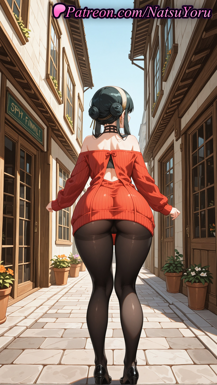 1girl 1girl 1girls 2025 ai ai_assisted ai_generated alley anime anime_style artist_name asian ass ass back back_cutout bare_shoulders big_ass black_footwear black_hair black_legwear black_pantyhose blue_sky brown_pantyhose building choker clothing clothing_cutout day double_bun dress earrings facing_away female_focus female_only female_solo flower from_behind full_body gold_earrings hair_bun hairband hentai high_heels high_quality high_res high_res high_resolution huge_ass jewelry juicy_butt large_ass light-skinned_female long_hair long_sleeves median_furrow natsuyoru off-shoulder_dress off-shoulder_sweater off_shoulder outside panties_under_pantyhose pantyhose patreon plant potted_plant red_sweater road shoes short_hair_with_long_locks sidelocks sky solo_female spy_x_family stable_diffusion standing street sweater sweater_dress teasing thick_thighs thighband_pantyhose thighs underwear voluptuous voluptuous_female white_hairband yor_briar