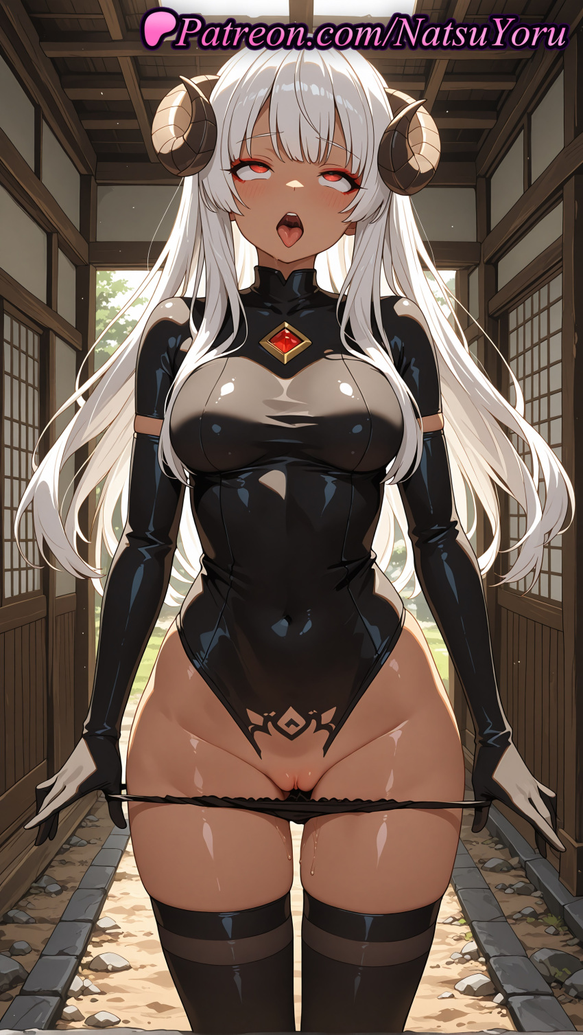 1girl 1girl 1girls 2025 ahegao ai ai_assisted ai_generated anime anime_style bangs big_breasts big_breasts black_gloves black_legwear black_leotard black_panties black_thighhighs blunt_bangs blush bodysuit breasts bust chiyu_mahou_no_machigatta_tsukaikata clothing_cutout covered_navel cowboy_shot curled_horns dark-skinned_female dark_skin demon_girl demon_horns elbow_gloves felm female_focus female_only gem gloves heart hentai high_quality high_res high_res high_resolution highleg highleg_leotard horns indoors latex leotard long_hair long_sleeves looking_at_viewer makeup medium_breasts natsuyoru non-asian open_mouth paipan panties panties_down panty_pull patreon piercing pubic_tattoo pussy pussy pussy_juice red_eyes saliva skin_tight skindentation sliding_doors solo_female stable_diffusion standing stockings tattoo thighs tongue tongue_out uncensored underwear voluptuous voluptuous_female white_hair