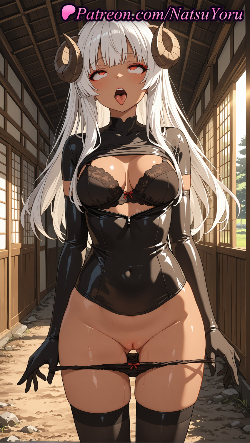 1girl 1girl 1girls 2025 ahegao ai ai_assisted ai_generated anime anime_style architecture artist_name ass_visible_through_thighs bangs big_breasts big_breasts black_bra black_gloves black_legwear black_panties black_thighhighs blunt_bangs blush bow bow_bra bow_panties bra breasts brown_horns bust caucasian chiyu_mahou_no_machigatta_tsukaikata cleavage cleft_of_venus clothing covered_navel cowboy_shot curled_horns dark-skinned_female dark_skin day demon_girl demon_horns east_asian_architecture elbow_gloves felm female_focus female_only gloves hentai high_quality high_res high_res high_resolution horns indoors labia lace-trimmed_bra latex latex_gloves legwear long_hair looking_up makeup medium_breasts natsuyoru non-asian open_clothes open_mouth paipan panties panties panties_down panty_pull patreon piercing pussy pussy pussy_juice red_eyes rolling_eyes saliva sheep_horns shirt short_sleeves skin_tight skindentation solo_female stable_diffusion standing stockings sunlight sweat teeth thigh_gap thighs tongue tongue_out uncensored underwear voluptuous voluptuous_female white_hair