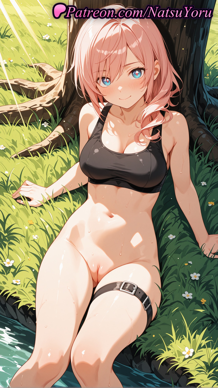 1girl 1girl 1girls 2025 ai ai_assisted ai_generated anime anime_style bangs bare_arms bare_shoulders big_breasts big_breasts black_sports_bra blue_eyes blush bottomless breasts bust cleavage cleft_of_venus closed_mouth clothing collarbone day eclair_farron female_focus female_only final_fantasy flower grass heart heart-shaped_pupils hentai high_quality high_res high_res high_resolution innie_pussy labia labia_majora lightning_returns:_final_fantasy_xiii long_hair looking_at_viewer medium_breasts medium_hair natsuyoru navel non-asian on_grass outside paipan patreon pink_hair plant pussy pussy sitting smile soaking_feet solo_female sports_bra stable_diffusion stomach sunlight sweat symbol-shaped_pupils thigh_strap thighs tree uncensored underwear voluptuous voluptuous_female water wet wet_clothes white_flower