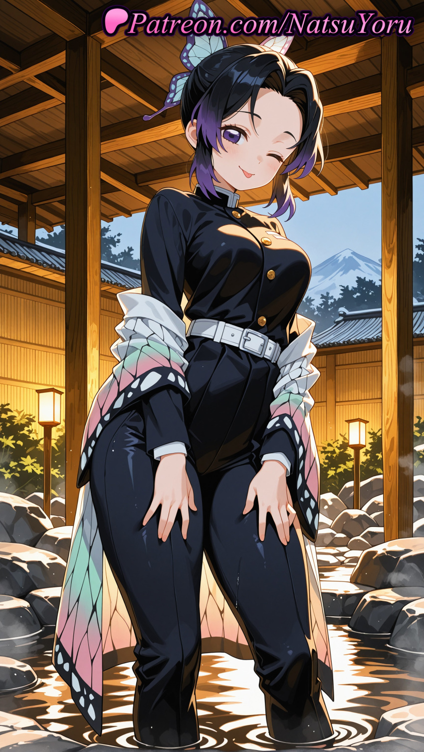1girl 1girl 1girls 2025 ai ai_assisted ai_generated animal_print anime anime_style bangs belt big_breasts big_breasts black_hair black_jacket black_pants blush breasts buckle bust butterfly_hair_ornament butterfly_print closed_mouth clothing curvaceous demon_slayer demon_slayer_uniform female_focus female_only female_solo forehead gradient_hair hair_ornament hands_on_own_thighs haori hentai high_quality high_res high_res high_resolution huge_breasts jacket japanese_clothes kimetsu_no_yaiba kochou_shinobu light-skinned_female long_sleeves looking_at_viewer medium_breasts multi-colored_hair multicolored_hair natsuyoru non-asian one_eye_closed onsen outside pants parted_bangs patreon purple_eyes purple_hair rock short_hair sidelocks sky smile solo_female stable_diffusion standing teasing thick_thighs thighs tongue tongue_out uniform voluptuous voluptuous_female wading wafuku water wet white_belt wig