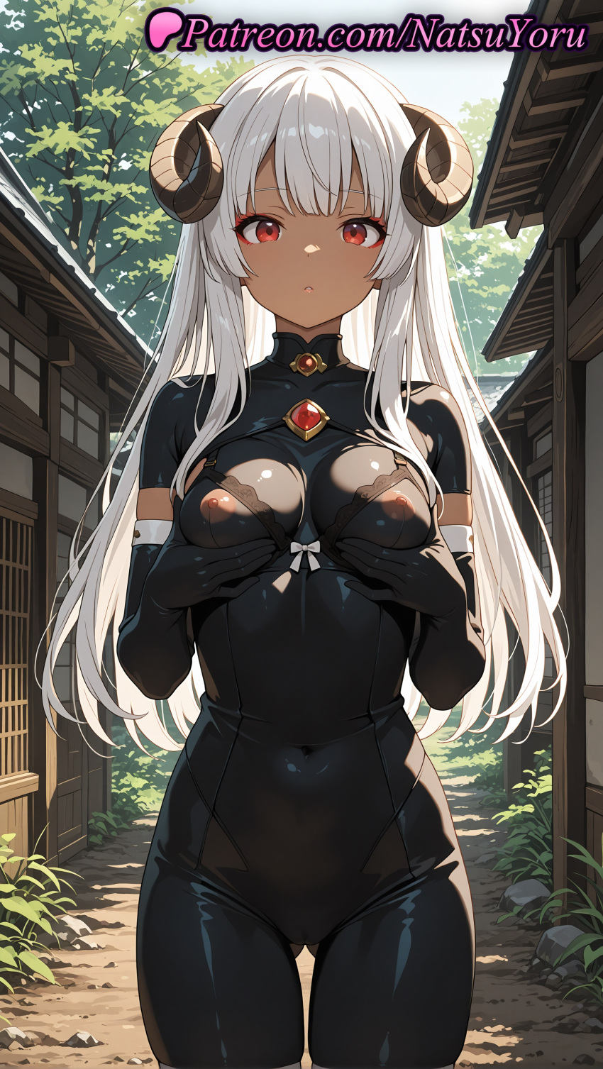 1girl 1girl 1girls 2025 ai ai_assisted ai_generated anime anime_style asian ass_visible_through_thighs bangs big_breasts black_bodysuit black_gloves bodystocking bodysuit bra breasts brooch building bust cameltoe chiyu_mahou_no_machigatta_tsukaikata covered_navel cowboy_shot curled_horns dark-skinned_female dark_skin day elbow_gloves felm female_focus female_only gem gloves hentai high_quality high_res high_res high_resolution horns house jewelry latex latex_bodysuit long_hair looking_at_viewer medium_breasts natsuyoru nipples nipples_outside outside parted_lips patreon red_eyes red_gemstone see-through sheep_horns skin_tight solo_female stable_diffusion standing thigh_gap tree uncensored_nipples voluptuous voluptuous_female white_hair