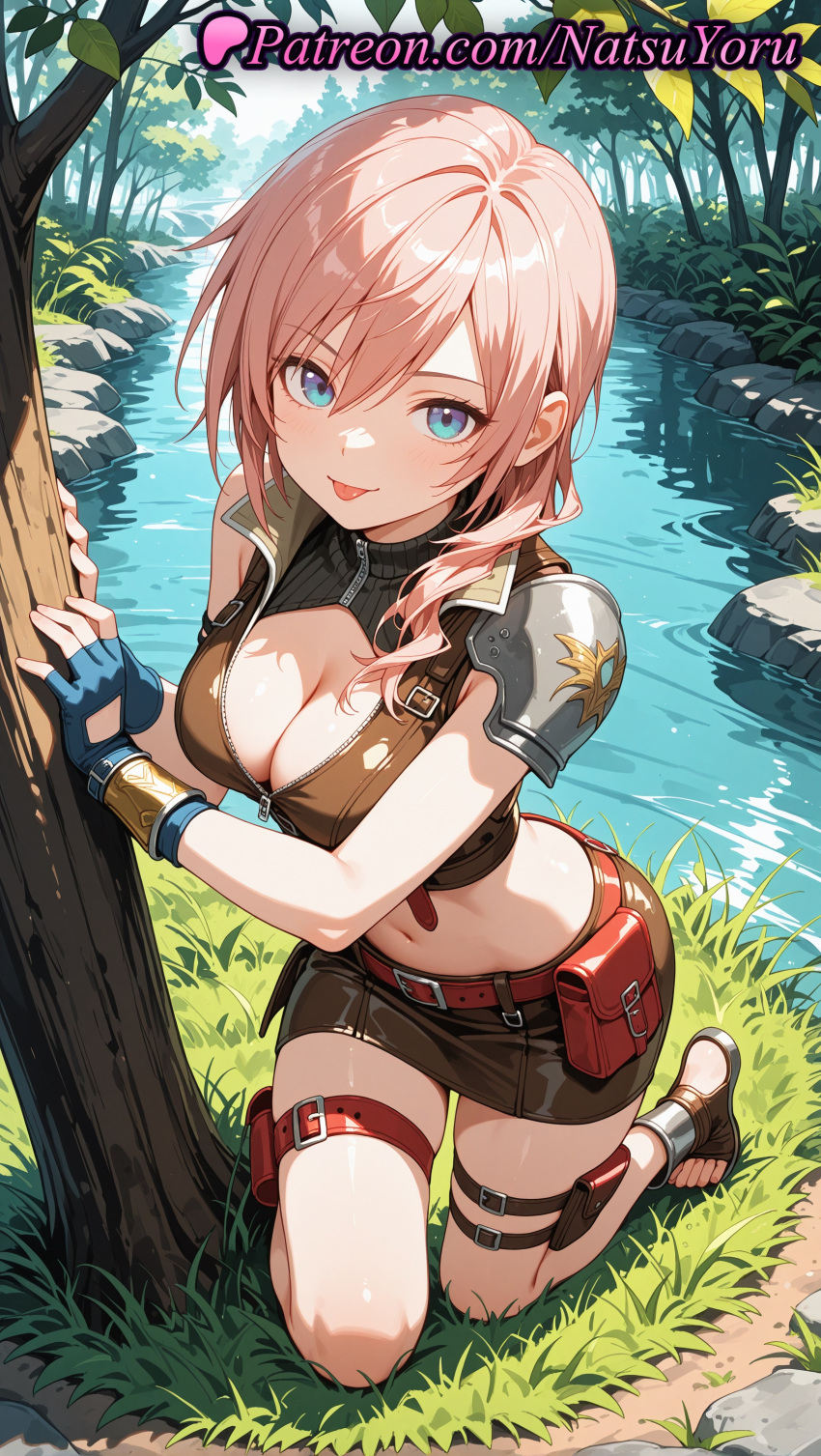 1girl 1girls 2025 ai ai_assisted ai_generated anime anime_style armor belt belt_pouch big_breasts big_breasts black_skirt blue_eyes blue_gloves breasts brown_skirt bust cleavage cleavage_cutout clothing clothing_cutout crop_top day eclair_farron feet female_focus female_only final_fantasy fingerless_gloves foot_fetish full_body gloves grass hair_over_shoulder hentai high_quality high_res high_res high_resolution jacket kneel lightning_returns:_final_fantasy_xiii long_hair looking_at_viewer medium_breasts medium_hair midriff miniskirt natsuyoru nature navel outside patreon pauldrons pencil_skirt pink_hair pond pouch rock sandals shirt shorts shoulder_armor single_pauldron skirt sleeveless sleeveless_shirt smile solo_female stable_diffusion stomach thigh_pouch thigh_strap thighs toes tongue tongue_out tree voluptuous voluptuous_female water zipper zipper_pull_tab