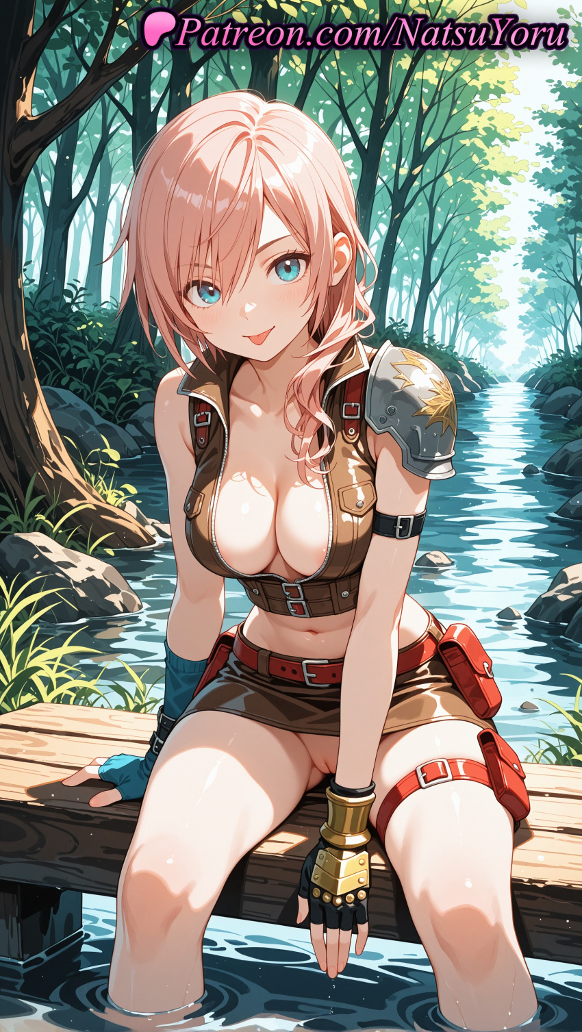 1girl 1girl 1girls 2025 ai ai_assisted ai_generated anime anime_style areola_slip arm_strap armor asian ass_visible_through_thighs asymmetrical_gloves bangs bare_shoulders belt belt_buckle belt_pouch between_legs big_breasts big_breasts black_gloves blue_eyes blue_gloves blush breasts brown_skirt brown_vest buckle bust cleavage cleft_of_venus clothing collarbone collared_vest crop_top day eclair_farron feet_out_of_frame female_focus female_only final_fantasy fingerless_gloves forest gloves hair_between_eyes hair_over_shoulder hentai high_quality high_res high_res high_resolution labia lightning_returns:_final_fantasy_xiii long_hair looking_at_viewer medium_breasts microskirt midriff miniskirt mismatched_gloves natsuyoru nature navel no_bra no_panties non-asian outside paipan patreon pencil_skirt pink_hair pouch pussy pussy pussy_peek ripples river rock shirt shoulder_armor single_pauldron sitting skirt sleeveless smile soaking_feet solo_female stable_diffusion stomach stream thigh_pouch thigh_strap thighs tongue tongue_out tree uncensored uneven_gloves vest voluptuous voluptuous_female water wet